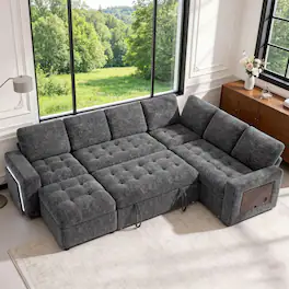 Vipbear - 7-Seat Modular Sectional Sleeper Sofa with Pull-Out Bed, Reclining Backrest, USB Ports, Table, LED Lights,Gray - Gray