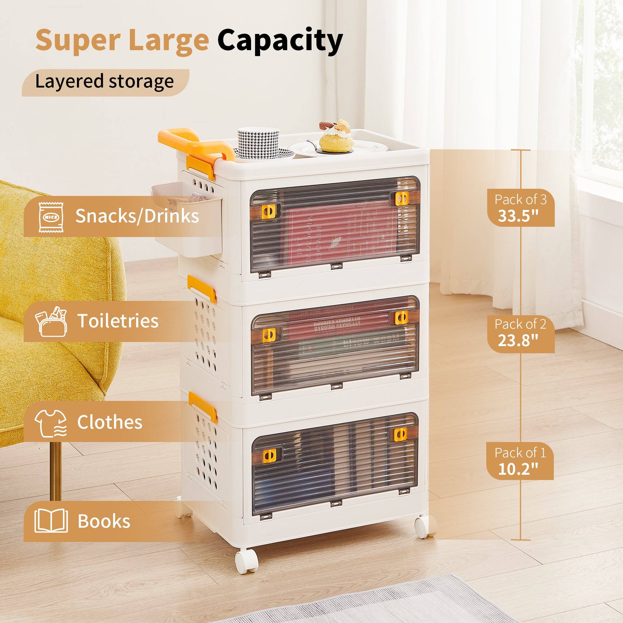 Super Large Capacity  
Layered storage  

Snacks/Drinks  
Toiletries  
Clothes  
Books  

Pack of 3  
33.5"  

Pack of 2  
23.8"  

Pack of 1  
10.2"