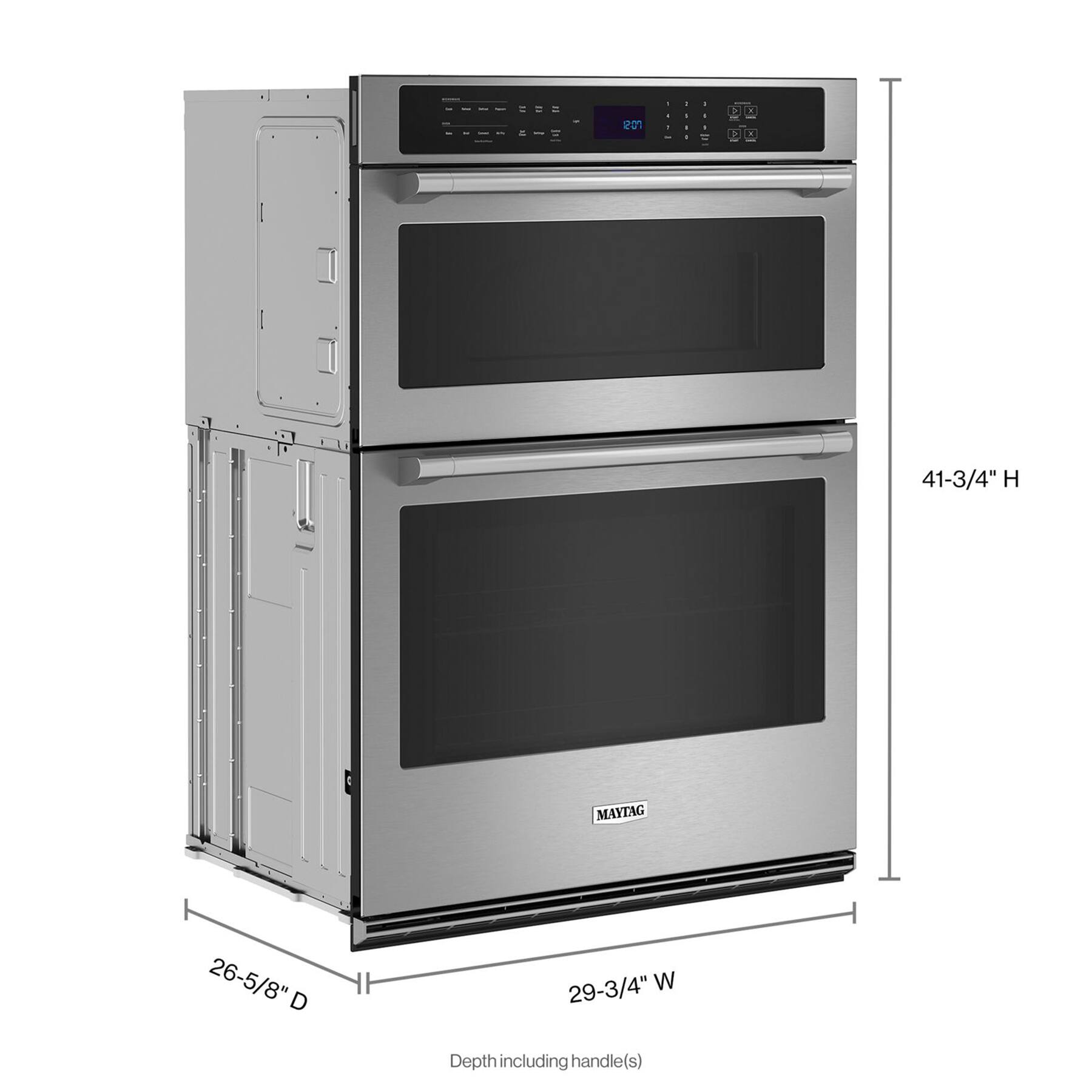 The text on the image reads: "207 F X K 41-3/4" H MAYTAG 26-5/8" D 29-3/4" W Depth including handle(s)." This text provides information about the dimensions of the stainless steel oven, including the depth, height, and width. The oven is made by Maytag and features a stainless steel finish.