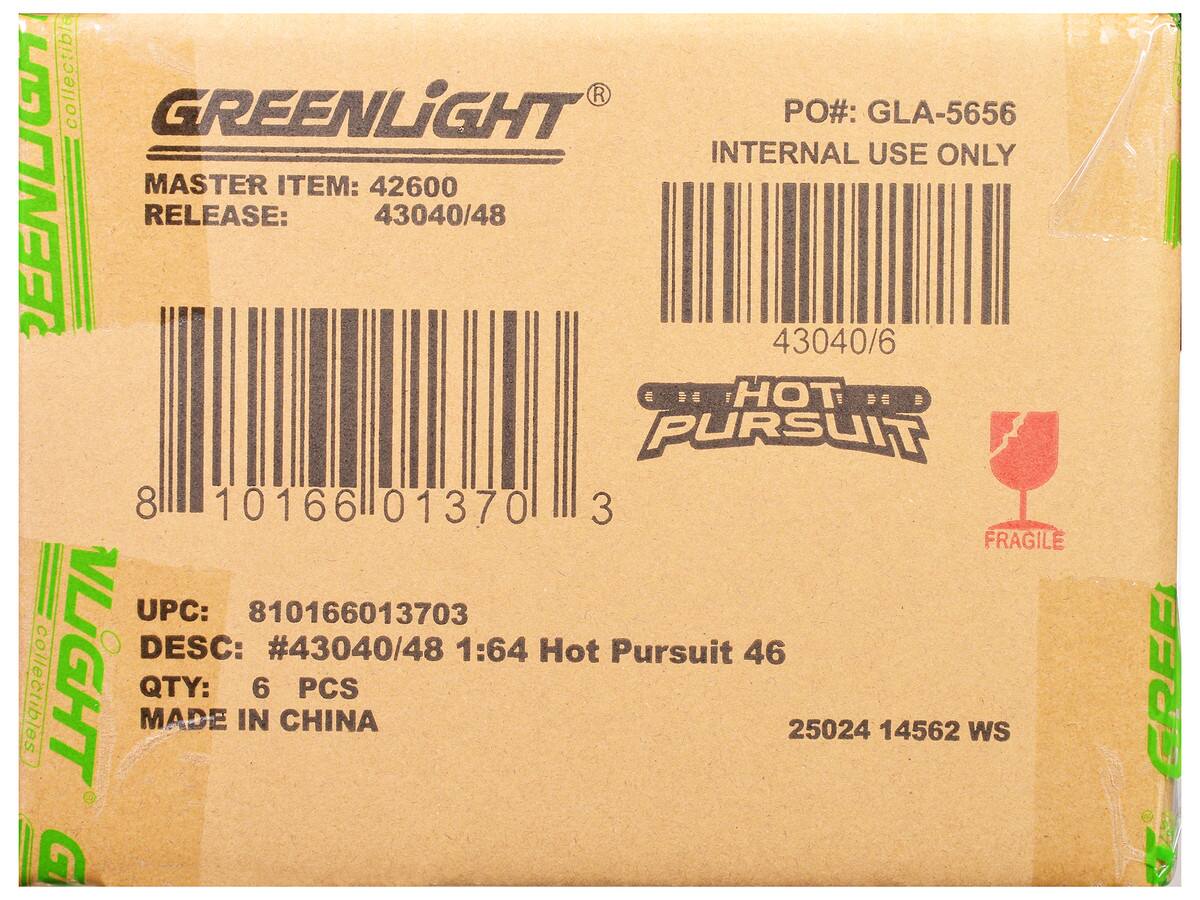 GREENLiGHT  
MASTER ITEM: 42600  
RELEASE: 43040/48  

PO#: GLA-5656  
INTERNAL USE ONLY  

UPC: 810166013703  
DESC: #43040/48 1:64 Hot Pursuit 46  
QTY: 6 PCS  
MADE IN CHINA  

FRAGILE  

25024 14562 WS