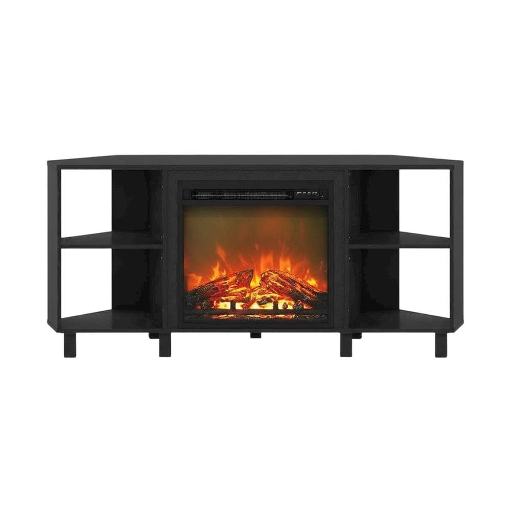 FurniFact - Wood TV stand with metal legs for 55-inch TVs, modern design, Americano - Black