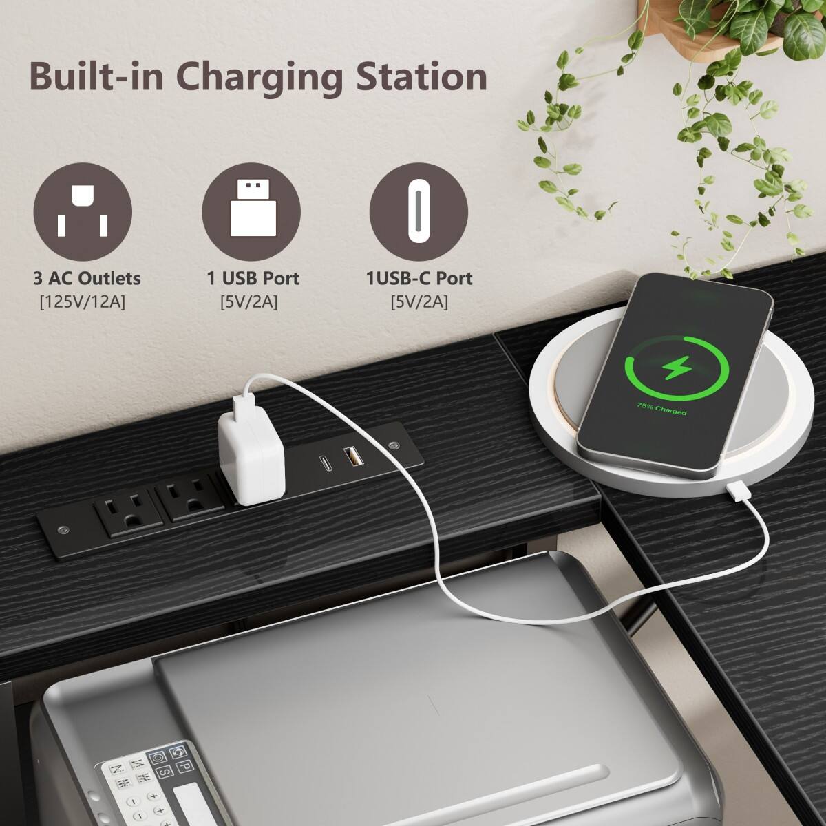 Built-in Charging Station

3 AC Outlets [125V/12A]
1 USB Port [5V/2A]
1 USB-C Port [5V/2A]

75% Charged