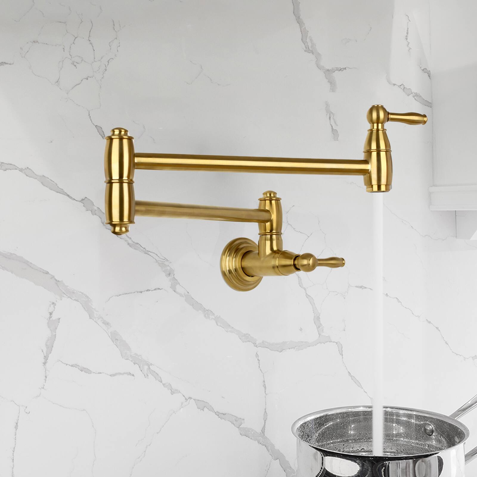 Alt View 3. Akicon - Akicon Wall-Mounted Solid Brass Pot Filler Kitchen Faucet with Dual Joint Swing Arms for Stovetop in Brushed Gold - Brushed Gold.