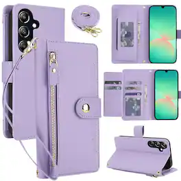 Dteck - Zipper Wallet Case for Samsung Galaxy A16 5G,Detachable Crossbody Flip Faux Leather Card Slots Kickstand Cover+Lanyard - Purple