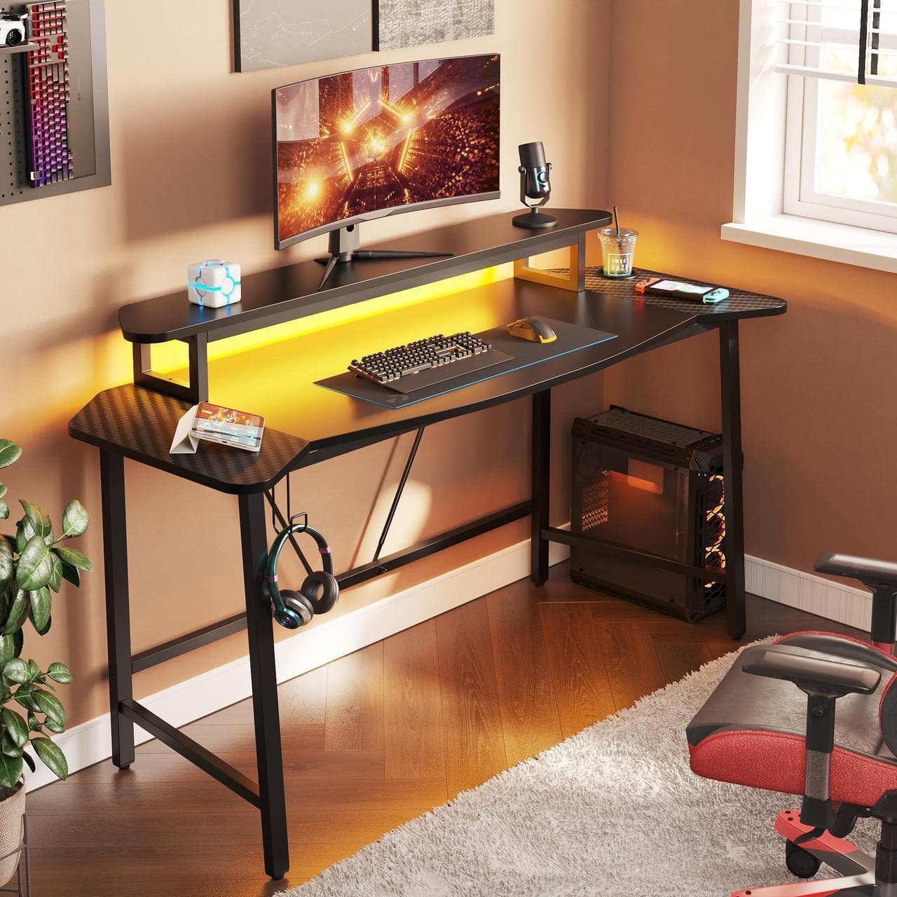 Front. Bestier - 63inch Computer Desk with LED Lights and Monitor Stand Gaming Desk - Black and Red.