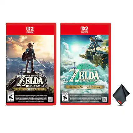 **The Legend of Zelda: Breath of the Wild - Nintendo Switch 2 Edition**
- Includes the Nintendo Switch game and the Nintendo Switch 2 Upgrade Pack
- Upgrade pack available separately
- For details, visit: support.nintendo.com/switch2/upgrade
**The Legend of Zelda: Tears of the Kingdom - Nintendo Switch 2 Edition**
- Includes the Nintendo Switch game and the Nintendo Switch 2 Upgrade Pack
- Upgrade pack available separately
- For details, visit: support.nintendo.com/switch2/upgrade
**ESRB Ratings:**
- Both games are rated E for Everyone 10+ with a content descriptor of "Fantasy Violence"
**Additional Information:**
- Nintendo Switch 2 Edition
- Nintendo Switch 2 Upgrade Pack - E10+ (Everyone 10+)