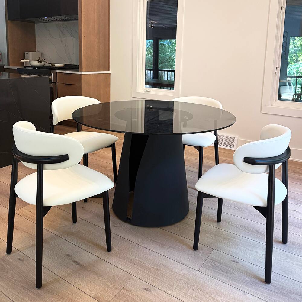 Angle. POVISON - 47" Modern Black Round Dining Table For 4, Tempered Glass Tabletop,Carbon Steel Base - Gray Glass & Black Steel Base.