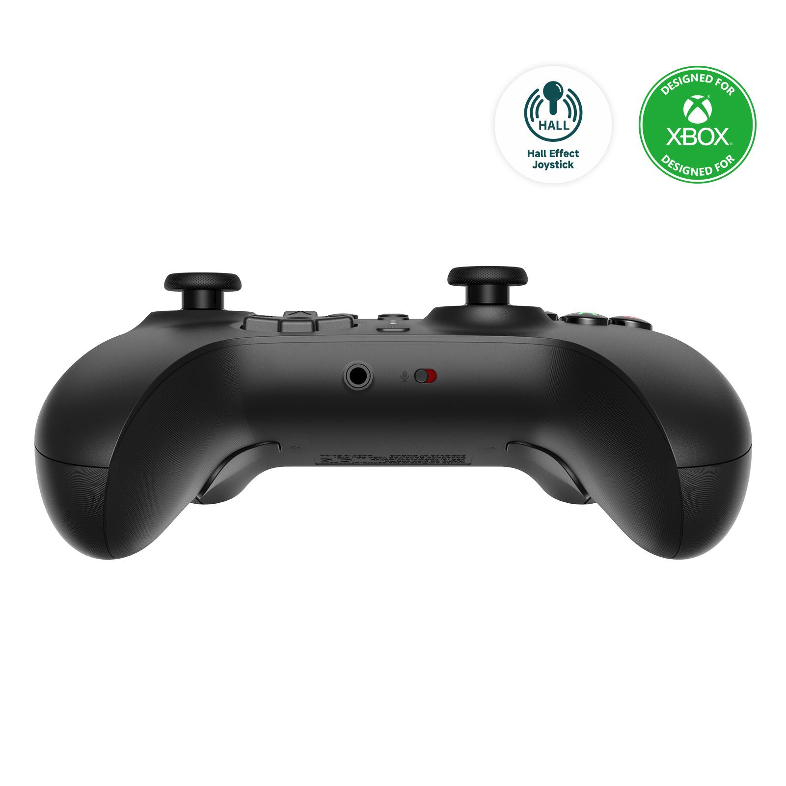 The image features a black Xbox controller with a Hall Effect joystick. The controller is designed for the Xbox gaming console and is compatible with Xbox One. The controller is equipped with a thumbstick and buttons, making it suitable for various gaming experiences.