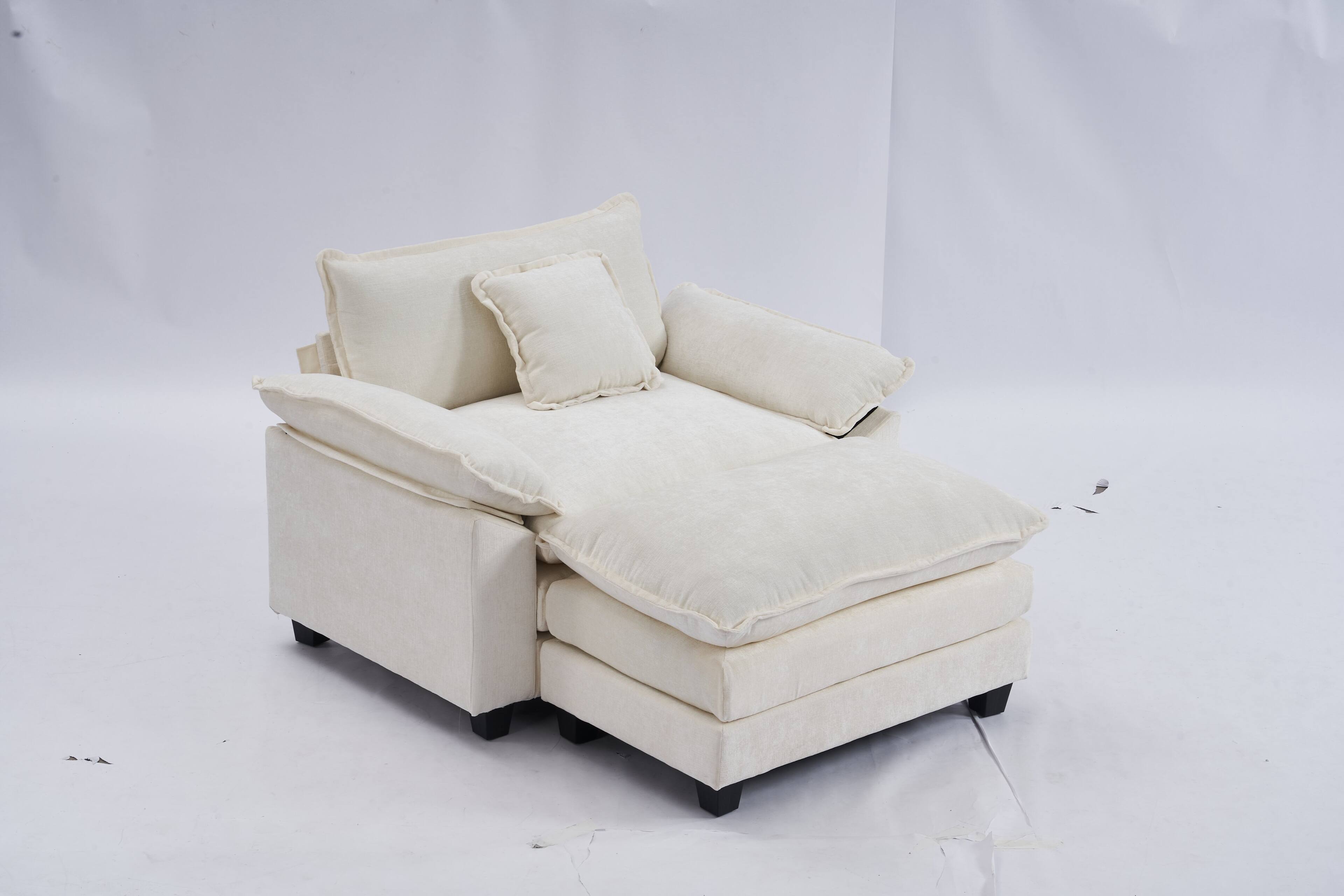 Alt View 2. JUJABU - Beige Chenille Modular Single Sofa with Ottoman and Pillow for Living Room - Beige.