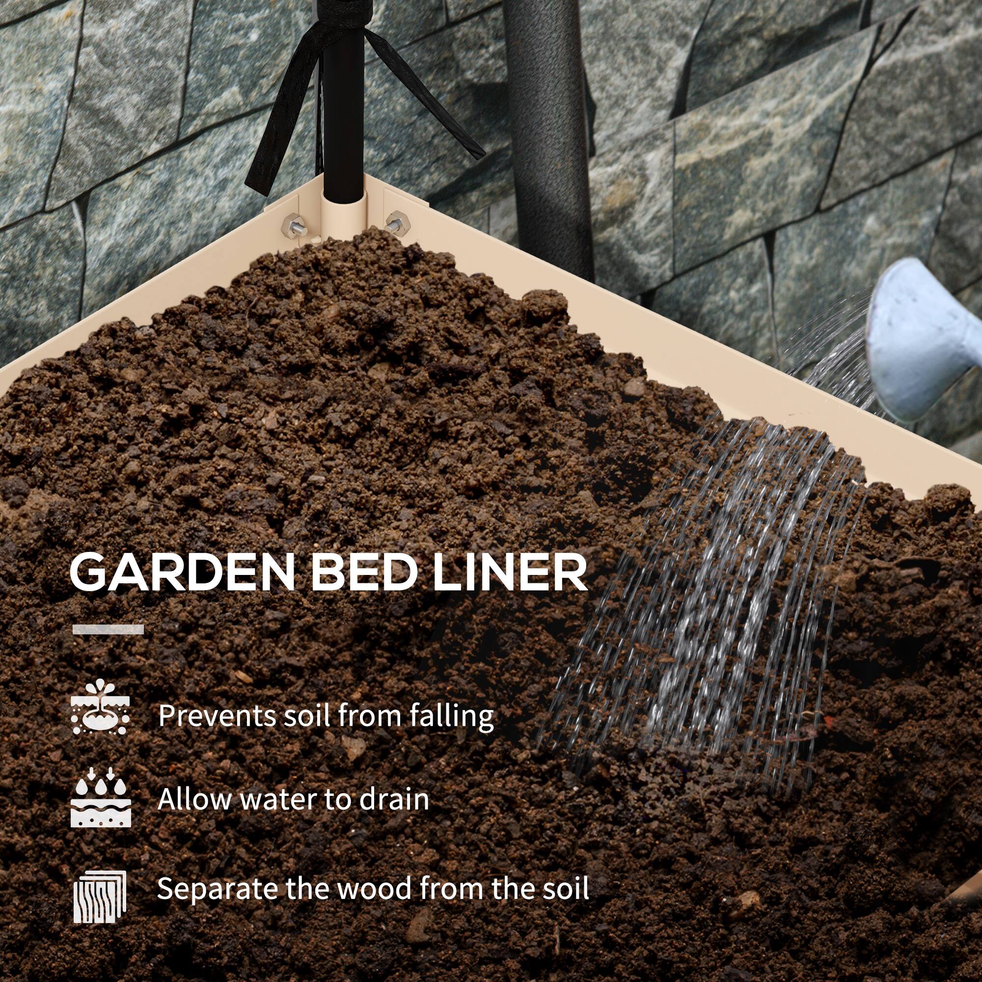 GARDEN BED LINER

- Prevents soil from falling
- Allow water to drain
- Separate the wood from the soil