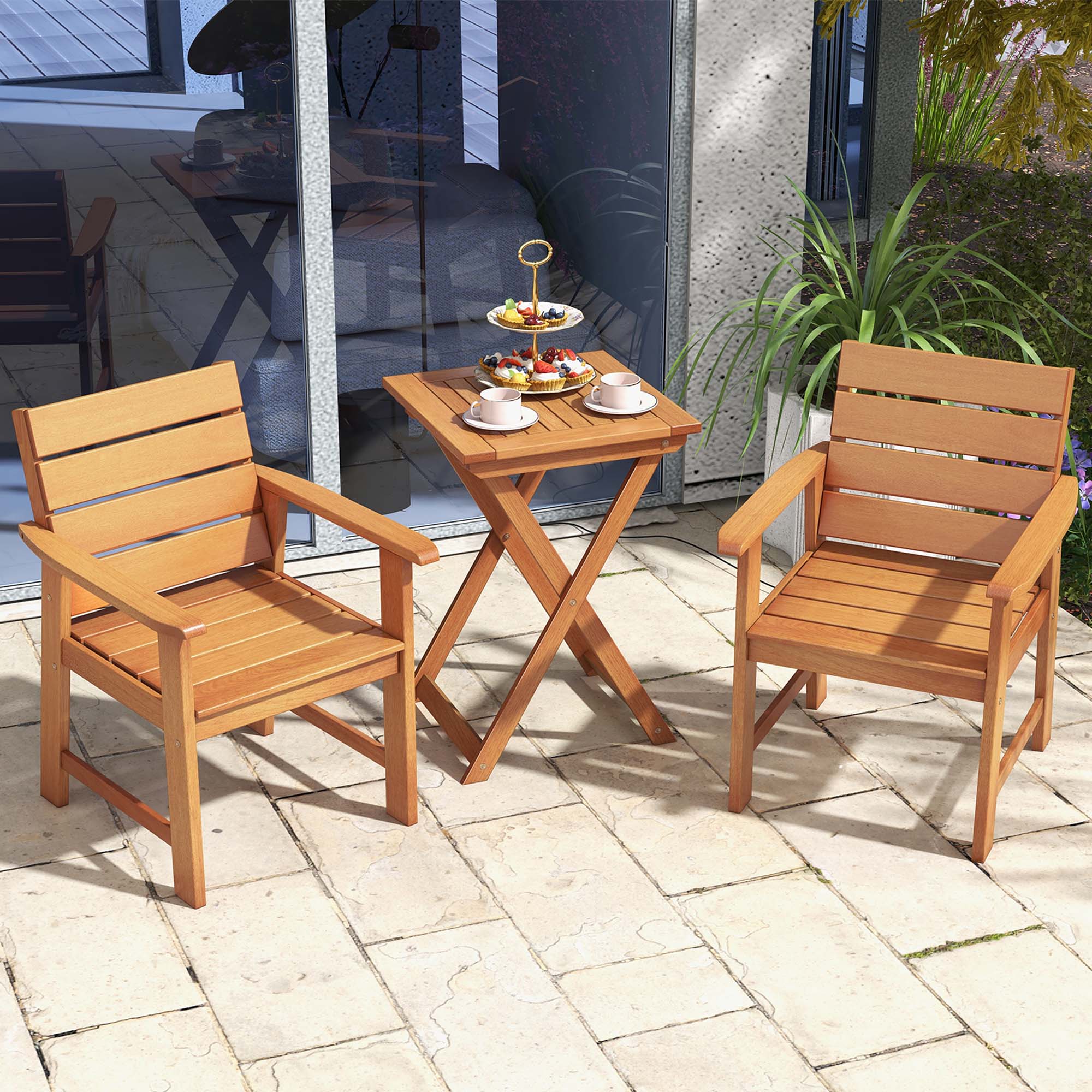 Alt View 7. Costway - 3-PCS Outdoor Wood Bistro Set with 2 Hardwood Chairs & Folding Bistro Table Patio - Natural.