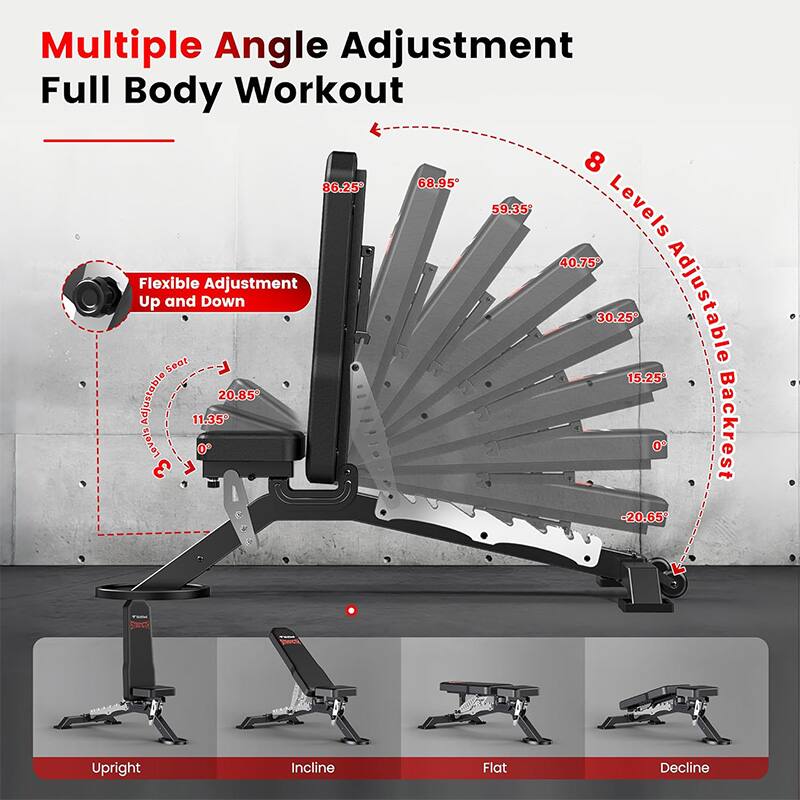 Multiple Angle Adjustment Full Body Workout

Flexible Adjustment Up and Down Seat

Adjustable Backrest - 8 Levels

0°, 15.25°, 30.25°, 40.75°, 59.35°, 68.95°, 86.25°

Upright, Incline, Flat, Decline
