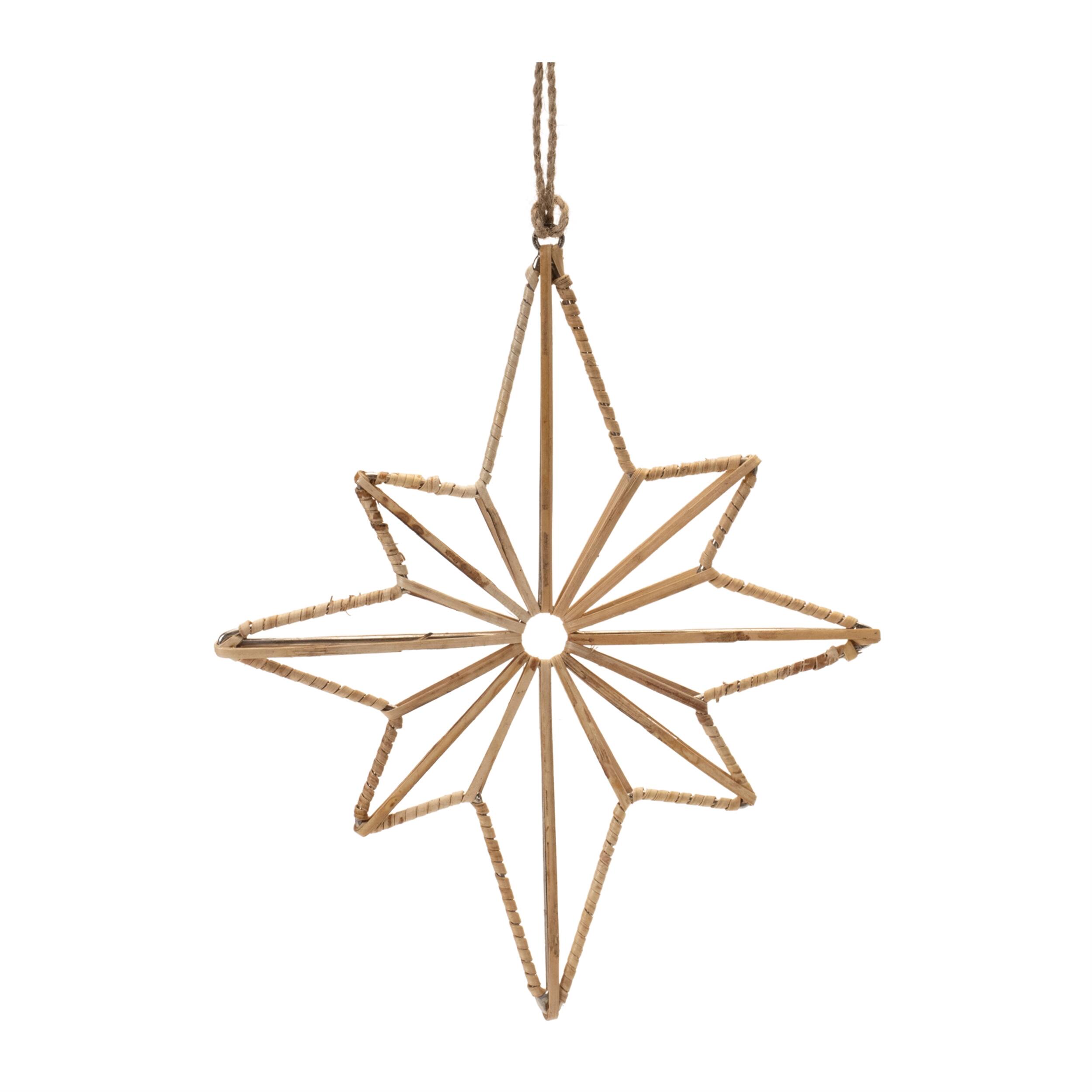 Left. BreeBe - Rattan Wrapped Metal Star Ornament (Set of 12) - Beige.