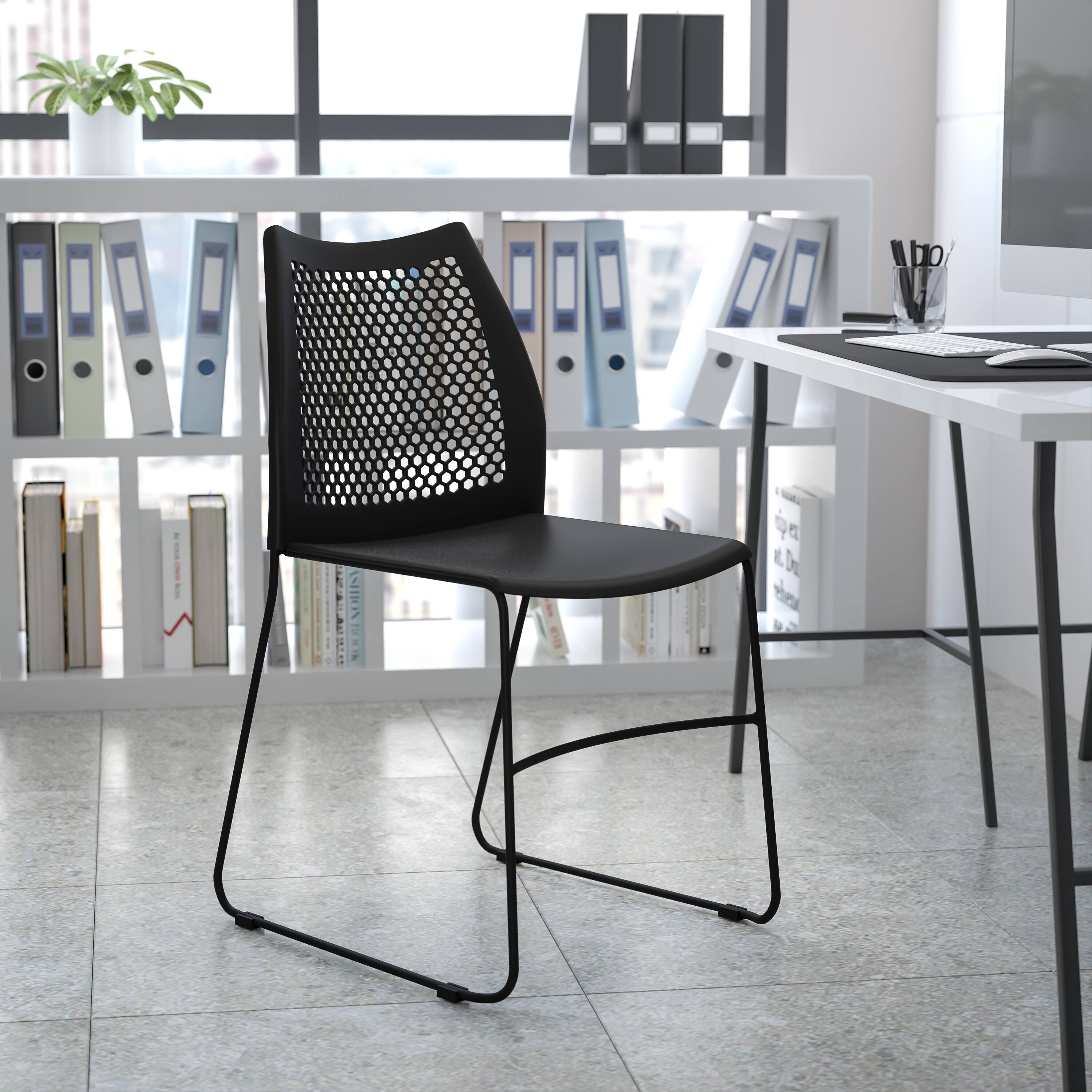 Alt View 1. Emma + Oliver - Home and Office Sled Base Stack Chair with Air-Vent Back - Guest Chair - Black.