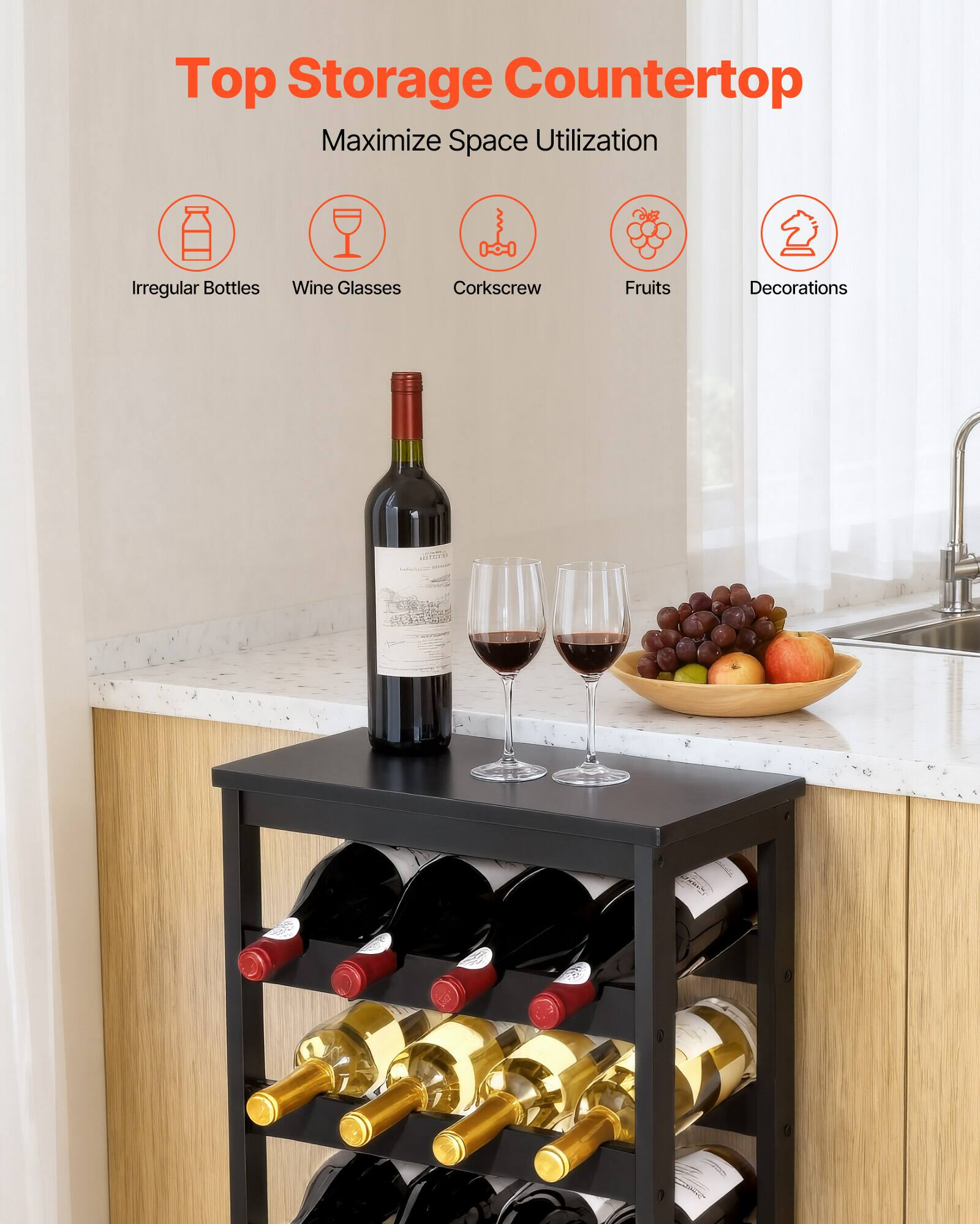 Top Storage Countertop  
Maximize Space Utilization  
Irregular Bottles  
Wine Glasses  
Corkscrew  
Fruits  
Decorations