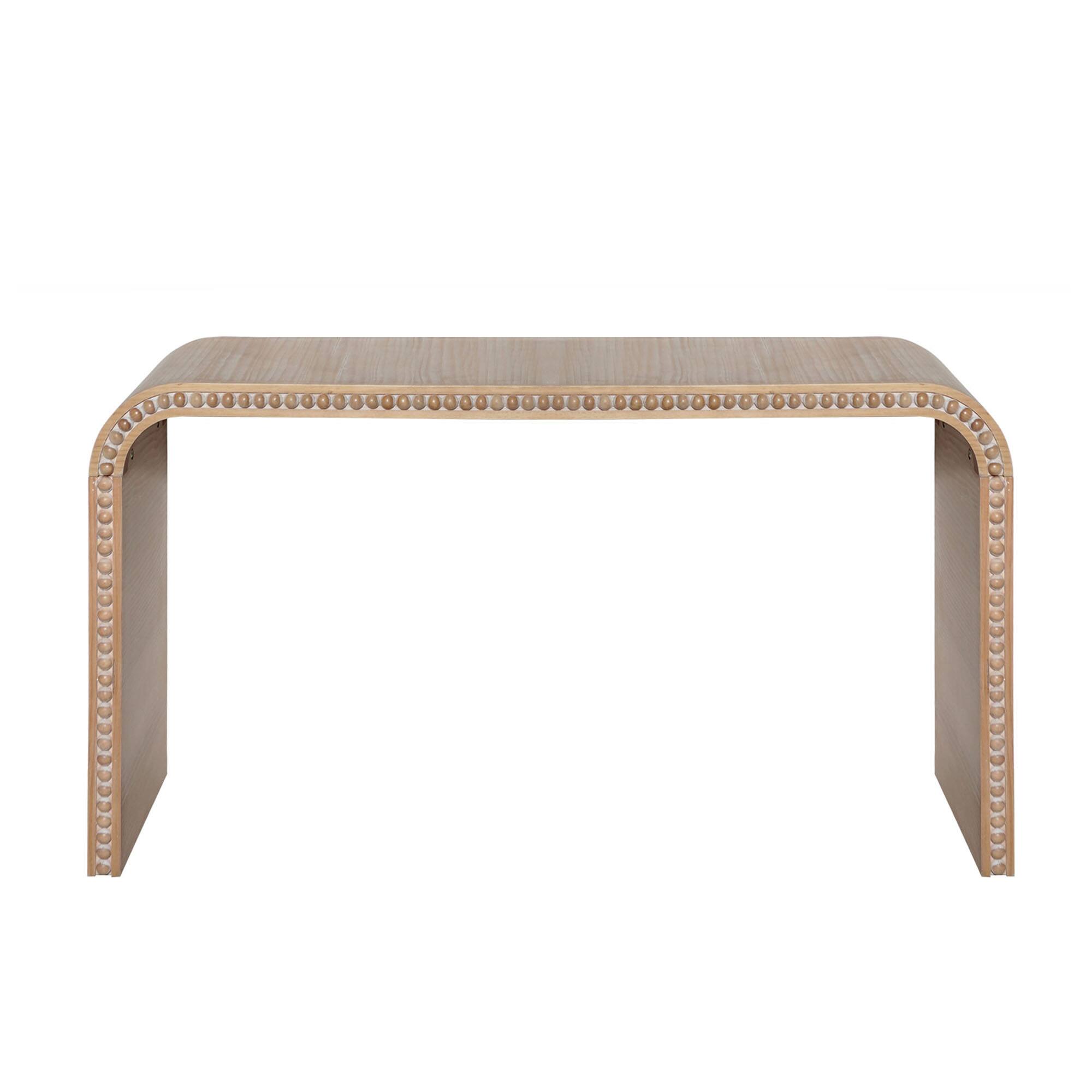 Back. TinyHomie - Natural wood Console Table 59in Entryway Table Curved Waterfall-style Table Console table with wood beads Entrance Table - Antique Natural and White.