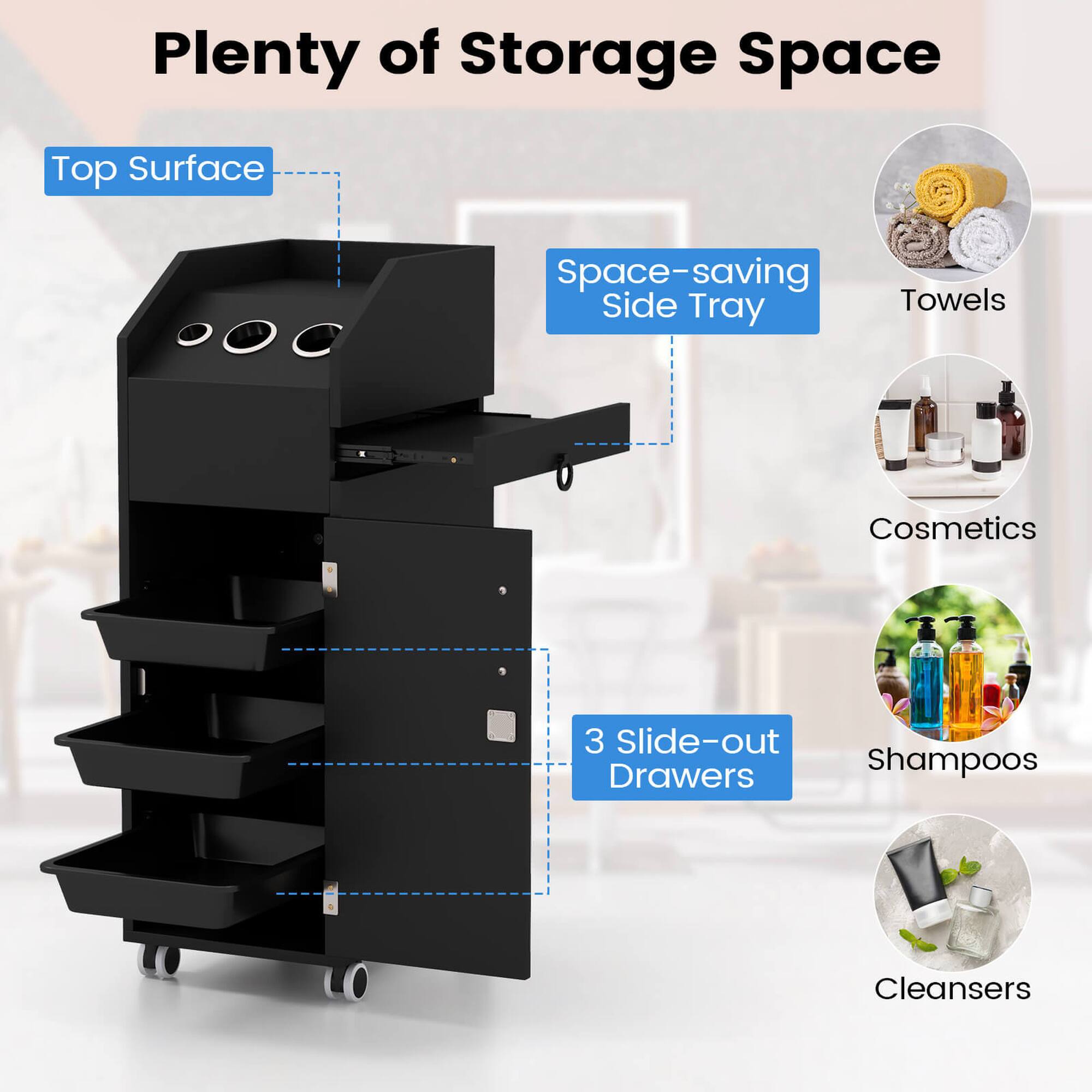 Plenty of Storage Space

- Top Surface
- Space-saving Side Tray
- 3 Slide-out Drawers

- Towels
- Cosmetics
- Shampoos
- Cleansers