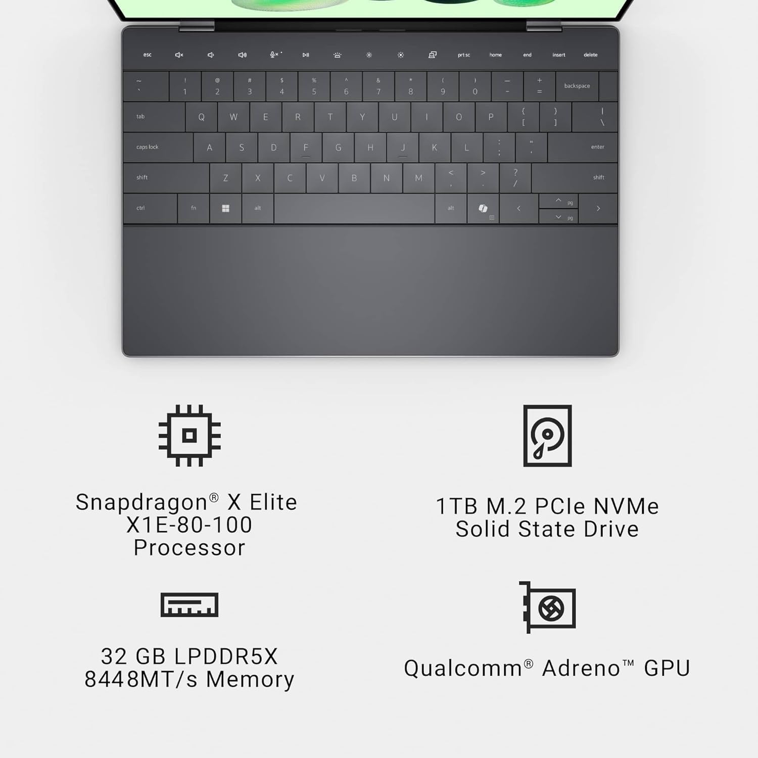 Sure, here is the corrected and grouped text:

---

**Snapdragon® X Elite X1E-80-100 Processor**

**1TB M.2 PCIe NVMe Solid State Drive**

**32 GB LPDDR5X 8448MT/s Memory**

**Qualcomm® Adreno™ GPU**

---

This text is organized to clearly list the specifications of the device.