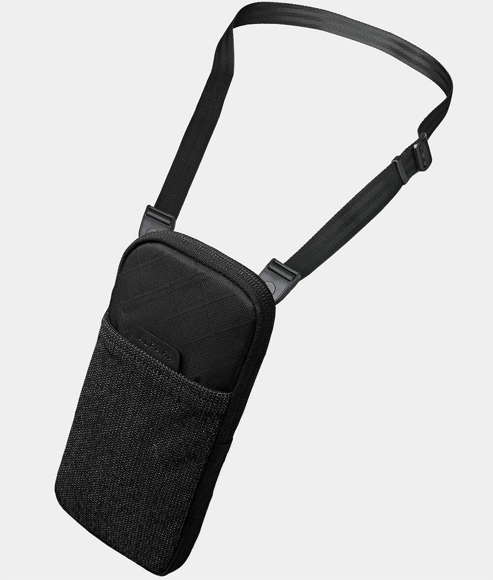 Front. ALPAKA - Modular Shoulder Pocket Slim Phone Sling Bag, Crossbody Pouch with Card Sleeve, Belt/Bag Attachment - Black Ultradyne 100D.