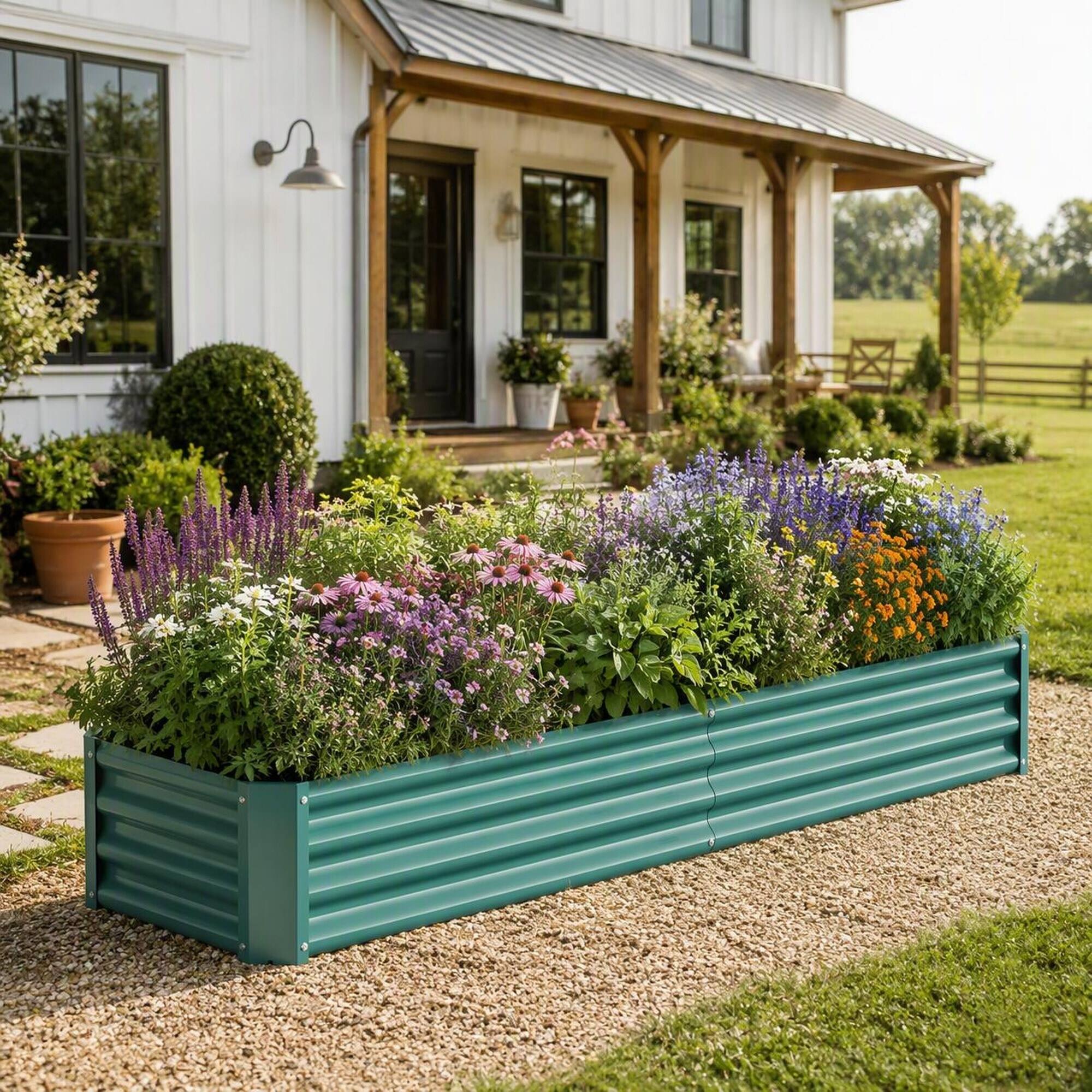 Angle. RYHNUYNE - Raised Garden Bed Metal Planter Box 7.6x3.7x0.98 Feet for Vegetables Flowers Herbs Outdoor Yard - Green.