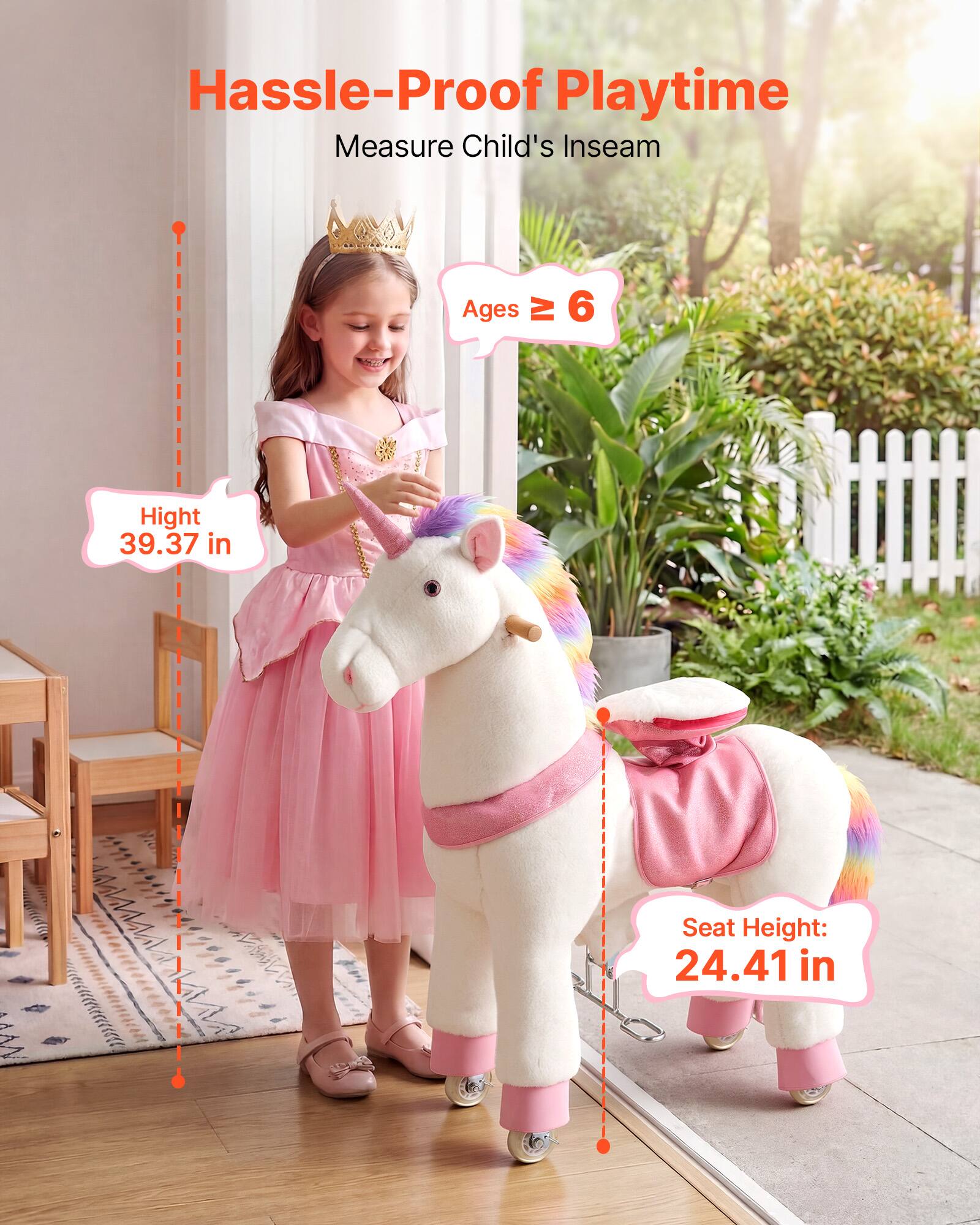 Hassle-Proof Playtime  
Measure Child's Inseam  
Ages 4-6  
Height 39.37 in  
Seat Height: 24.41 in