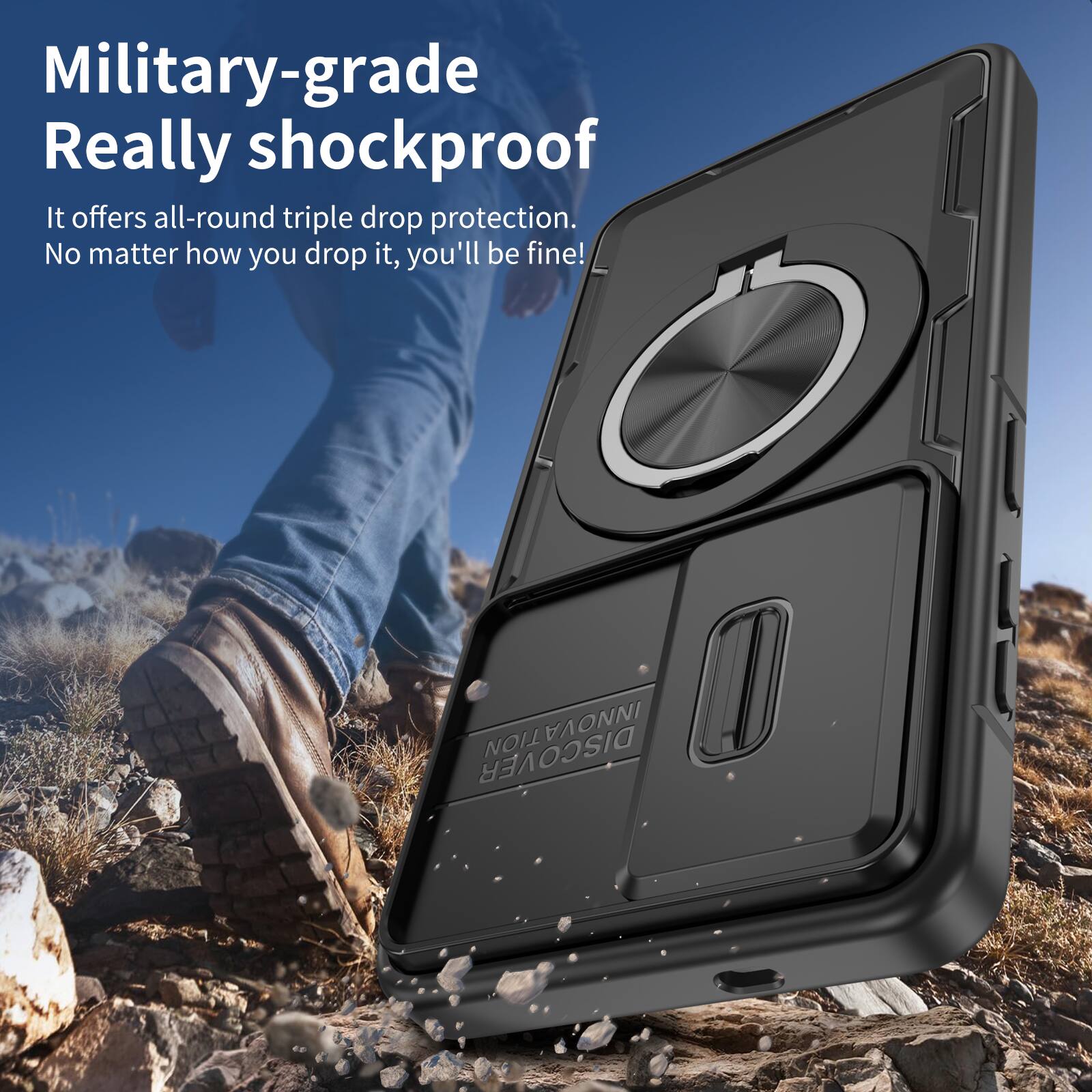 Military-grade Really shockproof.  
It offers all-round triple drop protection.  
No matter how you drop it, you'll be fine!  

INNOVA DISCOVER