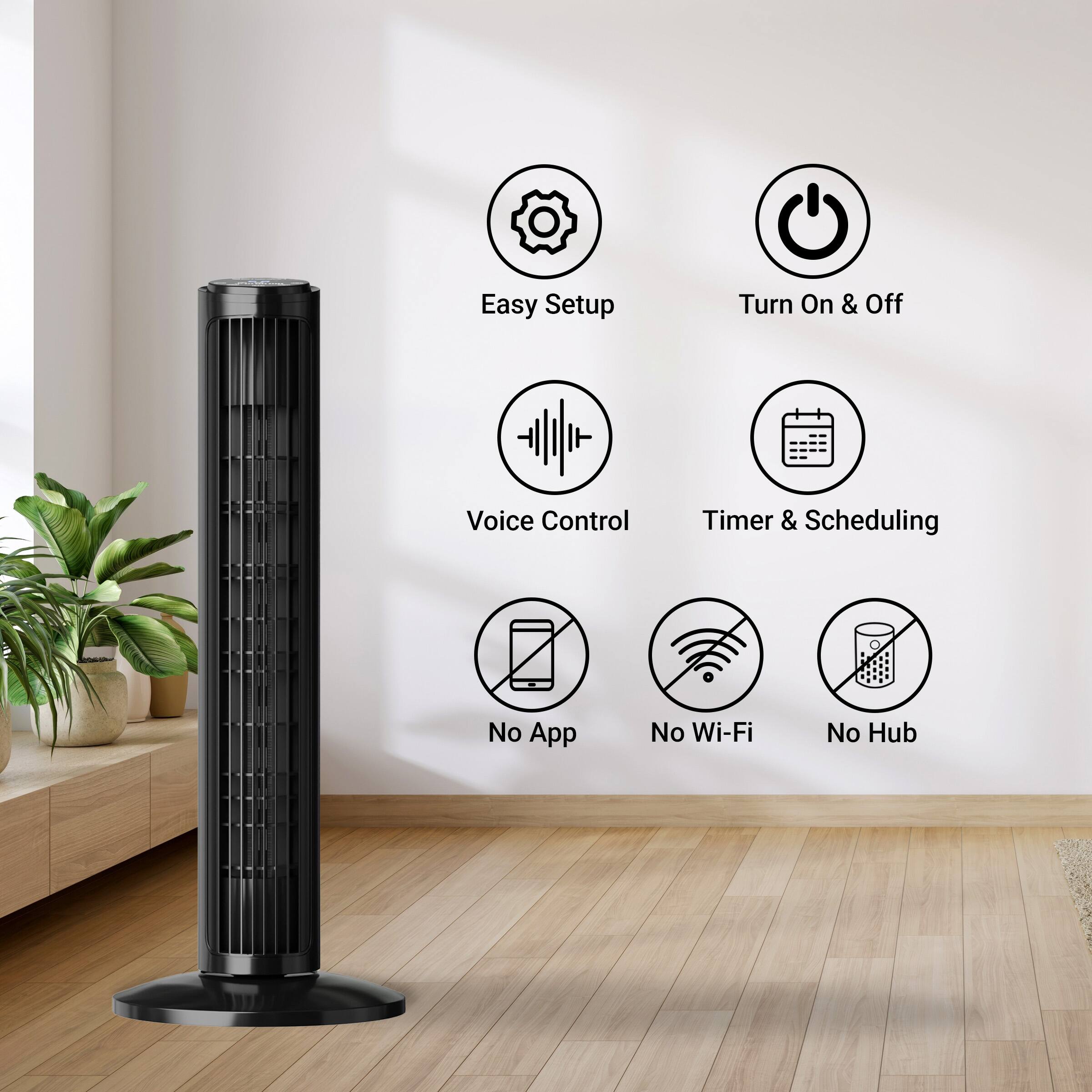 Easy Setup  
Turn On & Off  
Voice Control  
Timer & Scheduling  
No App  
No Wi-Fi  
No Hub