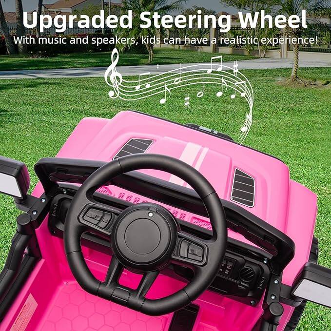 Upgraded Steering Wheel  
With music and speakers, kids can have a realistic experience!