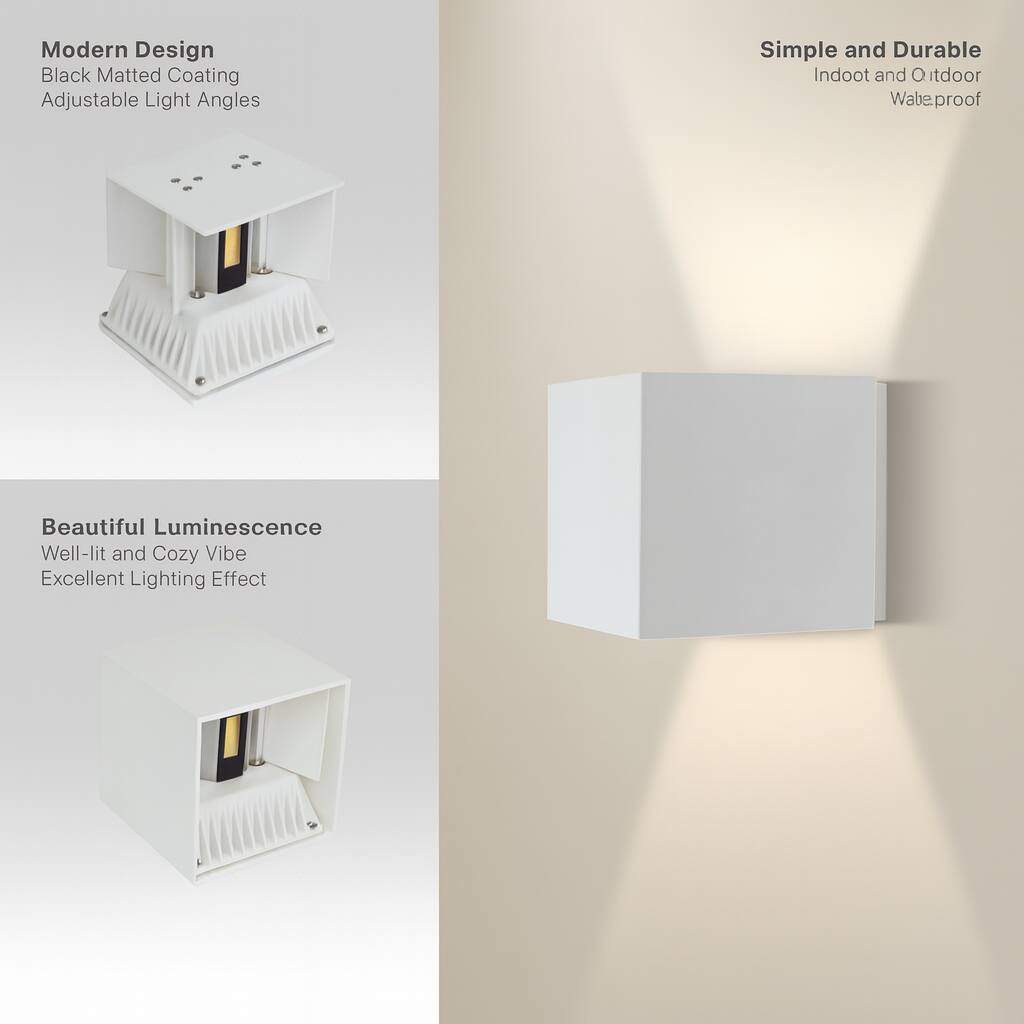 Modern Design  
Black Matted Coating  
Adjustable Light Angles  

Simple and Durable  
Indoor and Outdoor  
Waterproof  

Beautiful Luminescence  
Well-lit and Cozy Vibe  
Excellent Lighting Effect