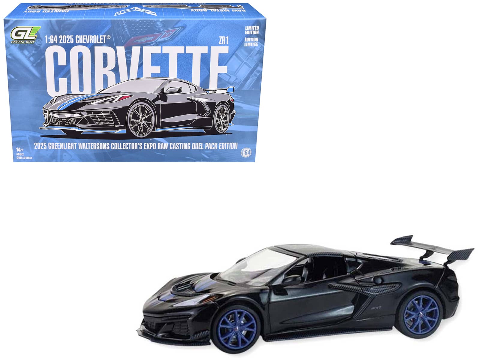 2025 Chevrolet Corvette C8 ZR1 Black/Blue Stripes Dual Pack "2025 Greenlight Waltersons Collector's Expo Exclusive" 1/64 - Black and Blue