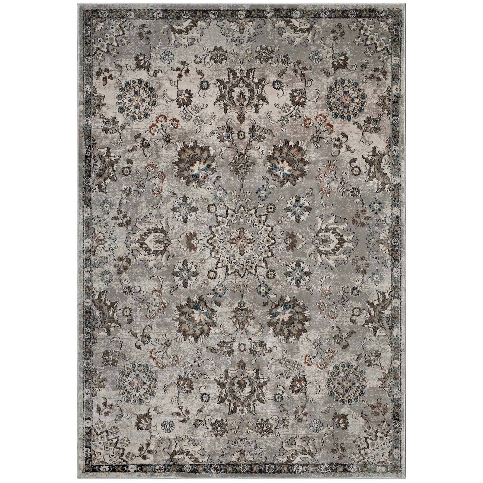 Angle. Modway - Hana Distressed Vintage FloralLattice Area Rug - Silver Blue Beige and Brown.