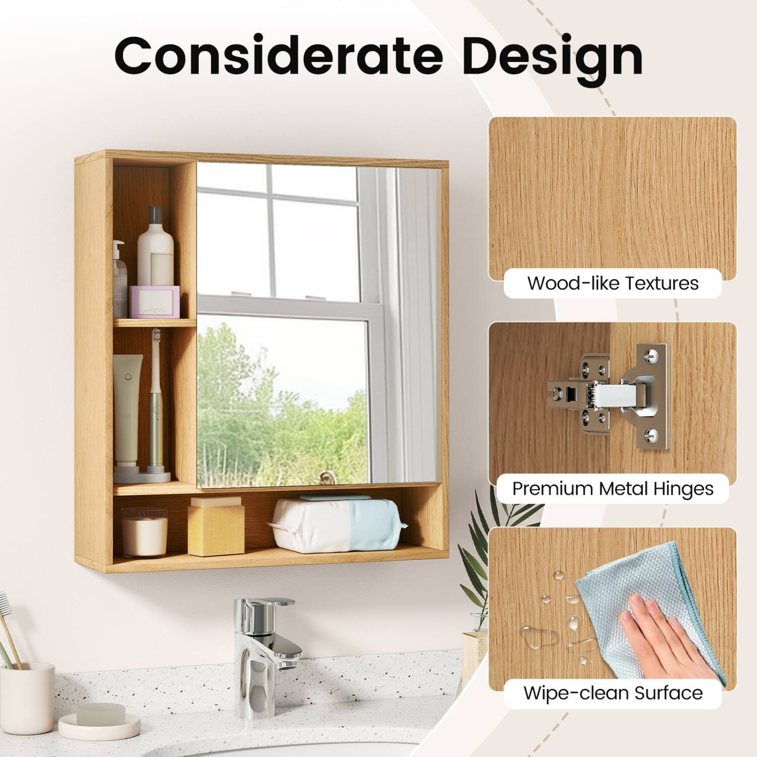 Considerate Design  
Wood-like Textures  
Premium Metal Hinges  
Wipe-clean Surface