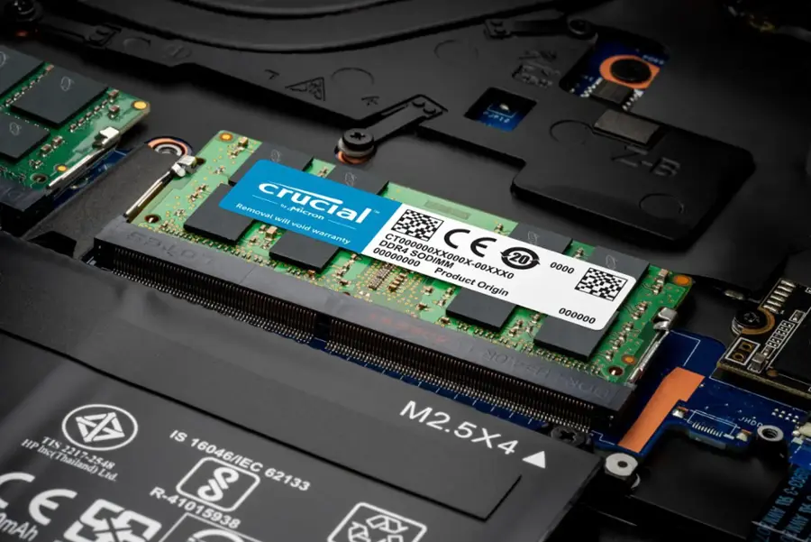 Crucial DDR4 2666 MHz 16GB SODIMM Product Origin: Micron (Made in Thailand) Ltd. CE DDR4 00000000 CT000000XX000X-00xxx0 SODIMM Product 20 0000 162902 888 HE4.OR DDRA 4 M2.5X4 JHDD IS Untitled HP TIS Inct 16046/IEC Thailand) Ltd. S 62133 8903-3 CE mAh R-41015938 A AWN1O7 ANO