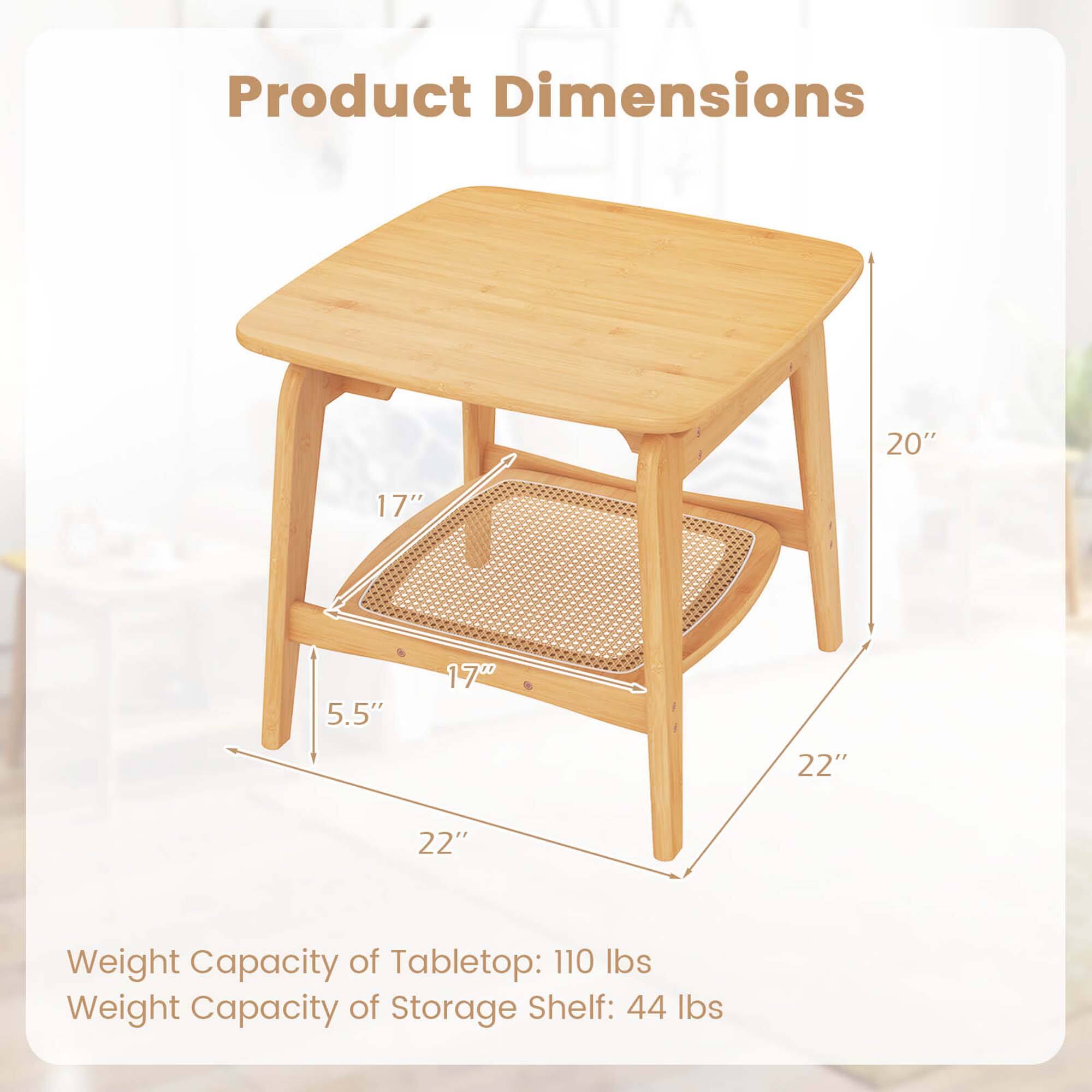Product Dimensions: 20" x 17" x 5.5"
Weight Capacity of Tabletop: 110 lbs
Weight Capacity of Storage Shelf: 44 lbs