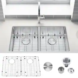 Akicon - 32 in.Undermount Double Bowl 18-Gauge Brushed Stainless Steel Kitchen Sink with Bottom Grid and Basket Strainer - Silver