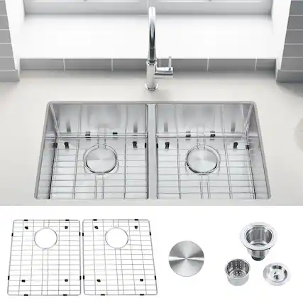 Front. Akicon - Akicon 32 in.Undermount Double Bowl 18-Gauge Brushed Stainless Steel Kitchen Sink with Bottom Grid and Basket Strainer - Silver.