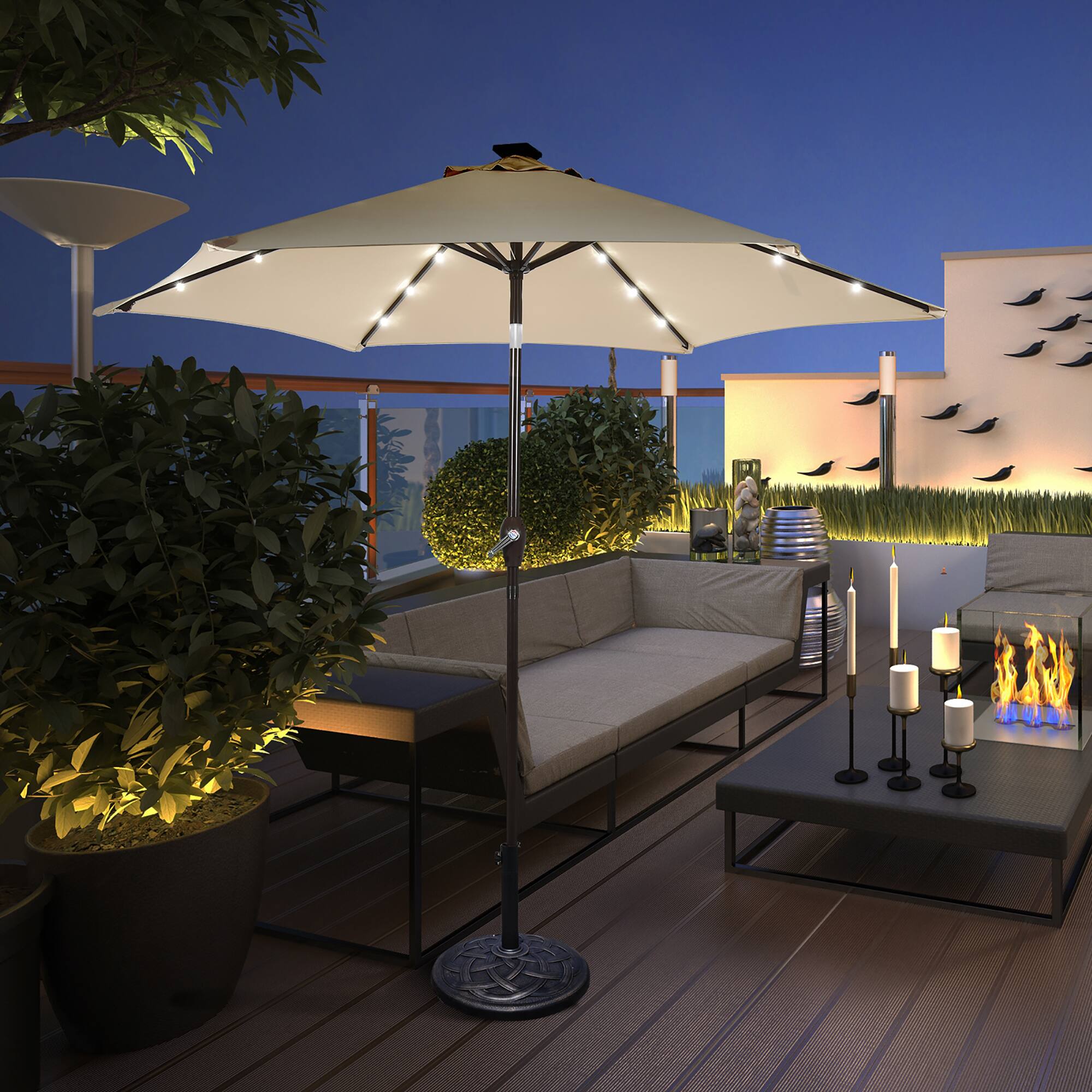 Alt View 3. Costway - 9' Solar LED Lighted Patio Market Umbrella Tilt Adjustment Crank Lift - Beige.