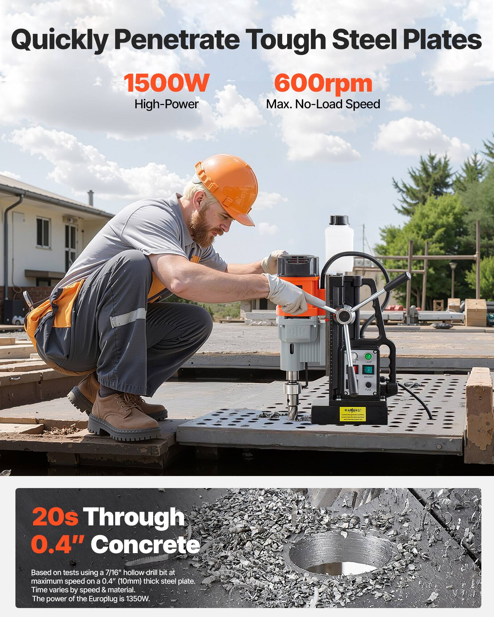 Quickly Penetrate Tough Steel Plates  
1500W High-Power  
600rpm Max. No-Load Speed  

20s Through 0.4" Concrete  
Based on tests using a 7/16" hollow drill bit at maximum speed on a 0.4" (10mm) thick steel plate. Time varies by speed & material. The power of the Europlug is 1350W.