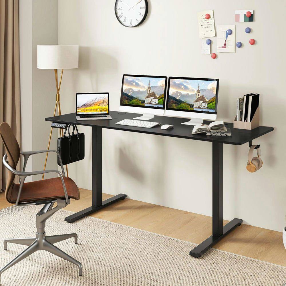 Front. Kadyn - Electric Standing Desk - 3 Memory Heights, 2 Hanging Hooks, Cable Holes, Black - Black.