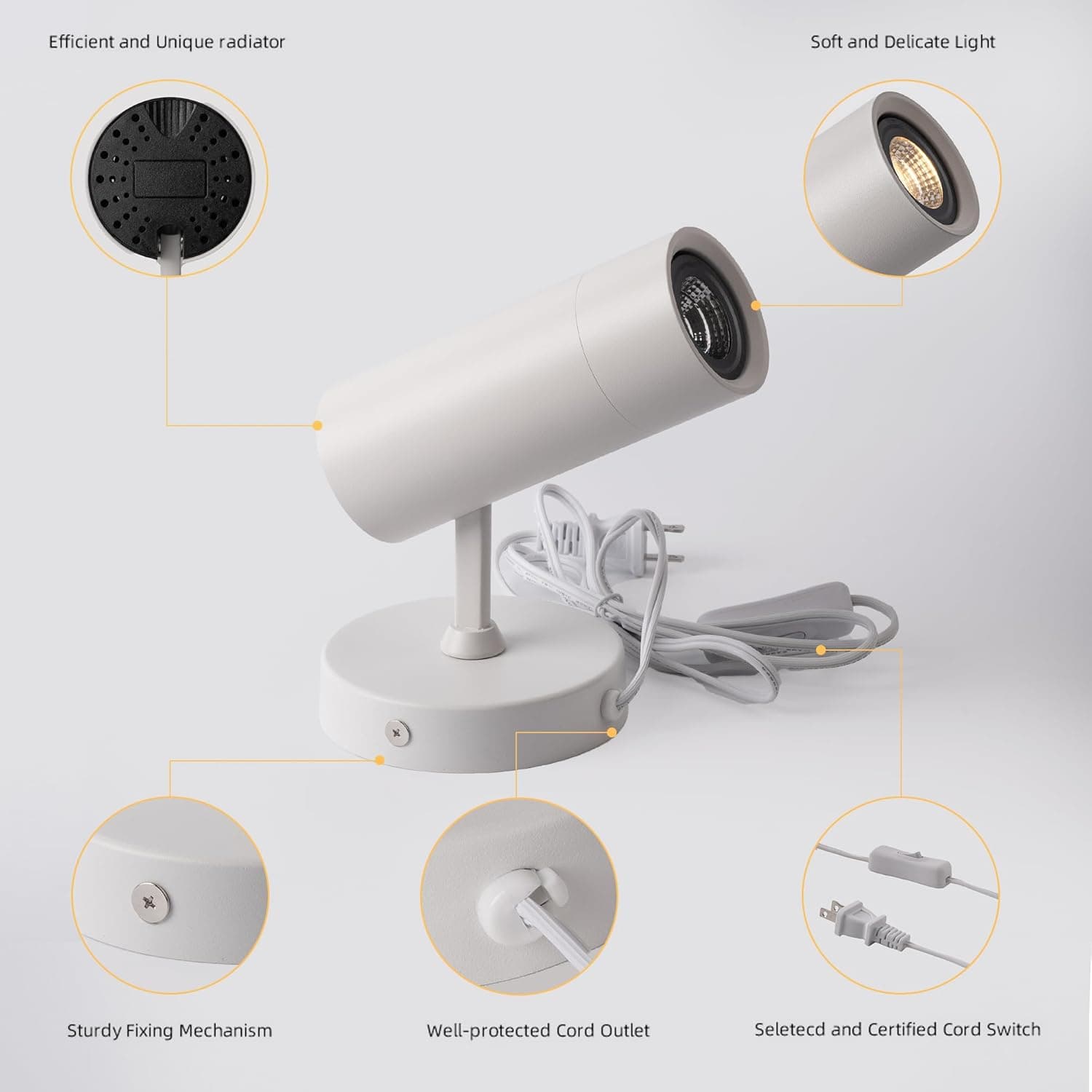 Efficient and Unique radiator  
Soft and Delicate Light  
Sturdy Fixing Mechanism  
Well-protected Cord Outlet  
Selected and Certified Cord Switch