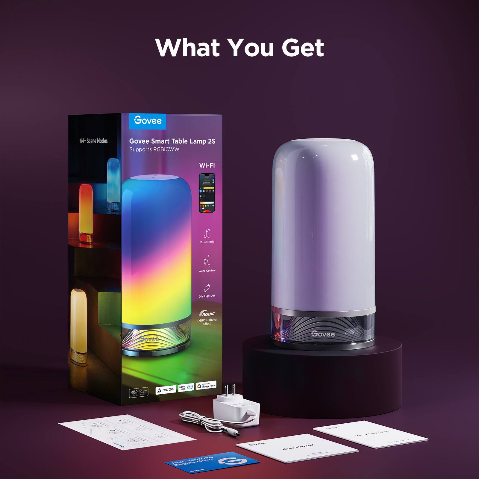 What You Get

Govee Smart Table Lamp 2S  
64+ Scene Modes  
Supports RGBICWW  
Wi-Fi  
Music Mode  
Voice Control  
Dry Light Art  
RGBIC Lighting Effects  

20,000+  
& matter  
Google Home  
Amazon Alexa  
Apple HomeKit