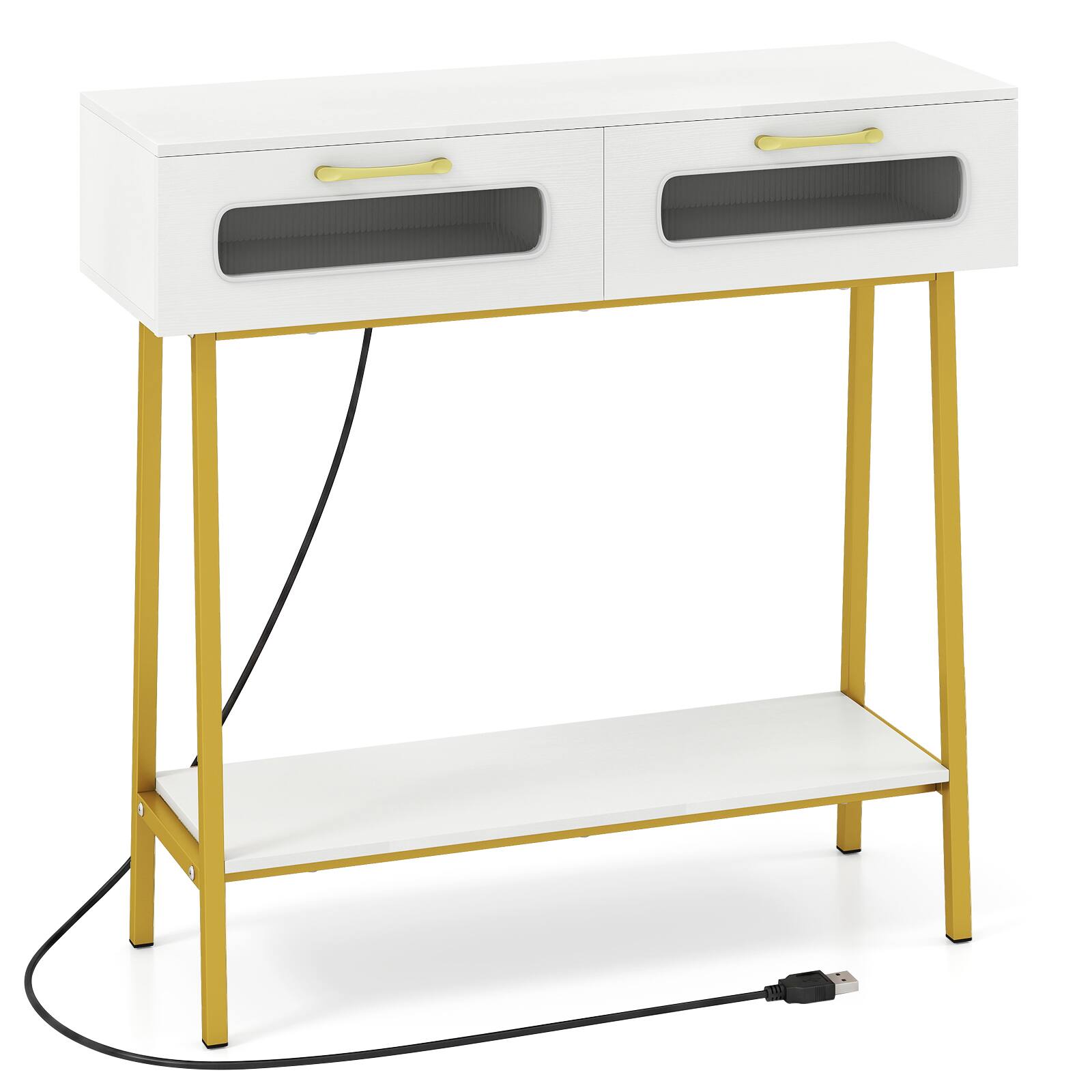 Alt View 9. Costway - Costway Console Table with LED Lights, Narrow Entryway Table with 2 Storage Drawer, Open Shelf - White & Gold.