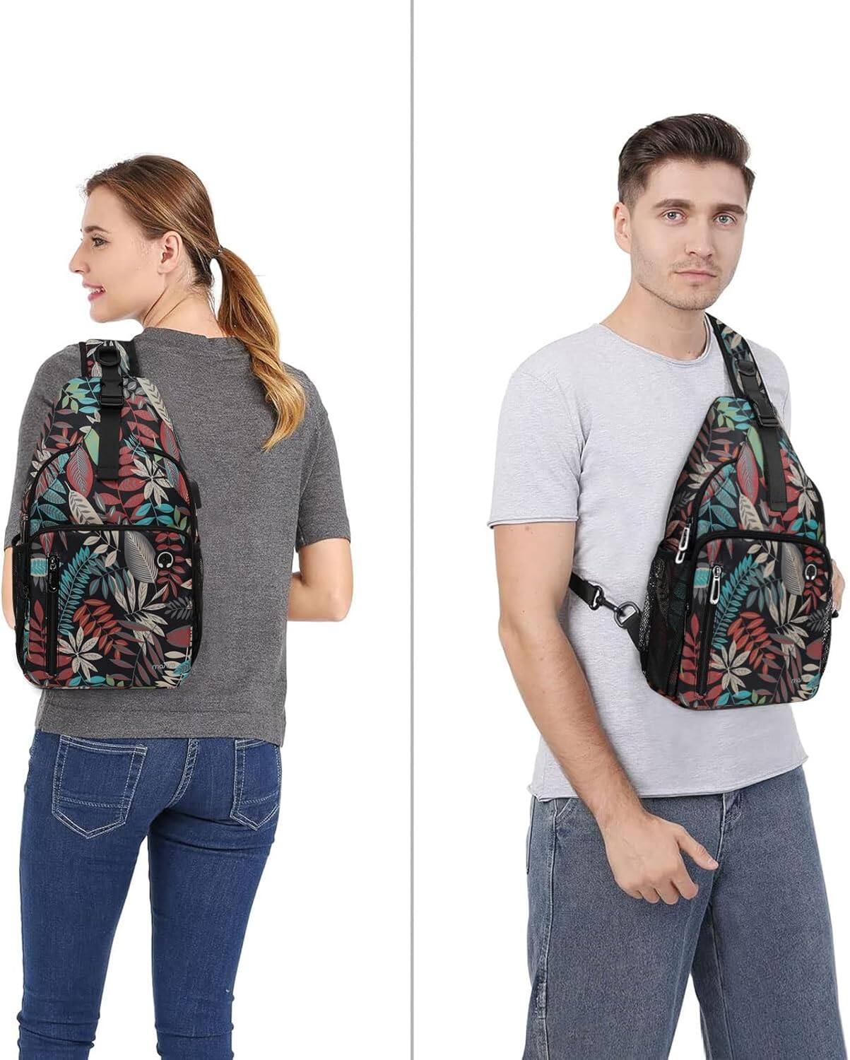 Alt View 4. mosiso - Sling Bag Crossbody Shoulder Bag Travel Hiking Daypack Chest Bag with Front Square Pocket&USB Charging Port - Creative Plant Leaves.