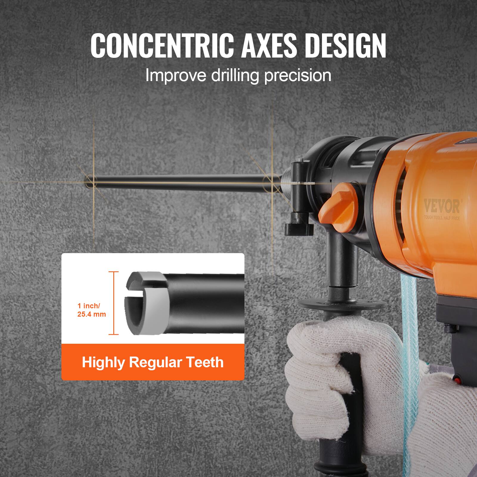CONCENTRIC AXES DESIGN  
Improve drilling precision  

1 inch/ 25.4 mm  

Highly Regular Teeth