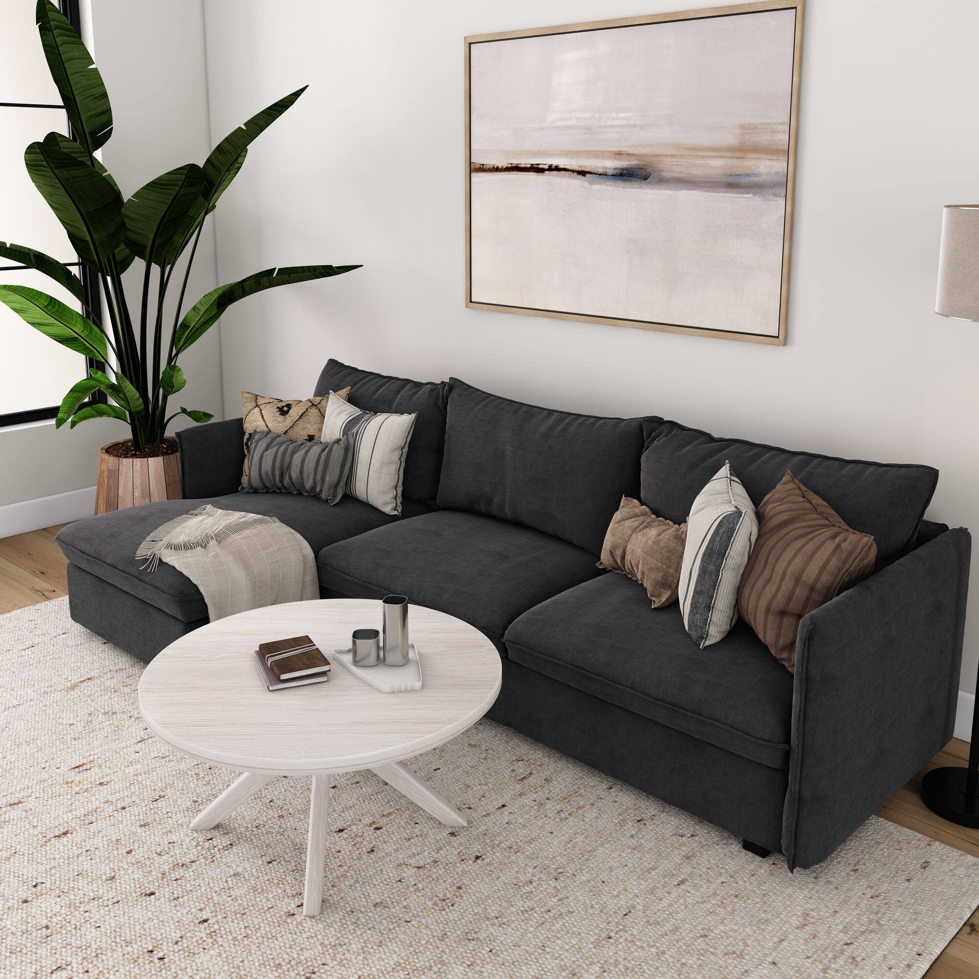 Alt View 4. Plank+Beam - Cross Leg Round Coffee Table (36in x 36in / 910mm x 910mm), White Sand Wirebrush - White Sand Wirebrush.