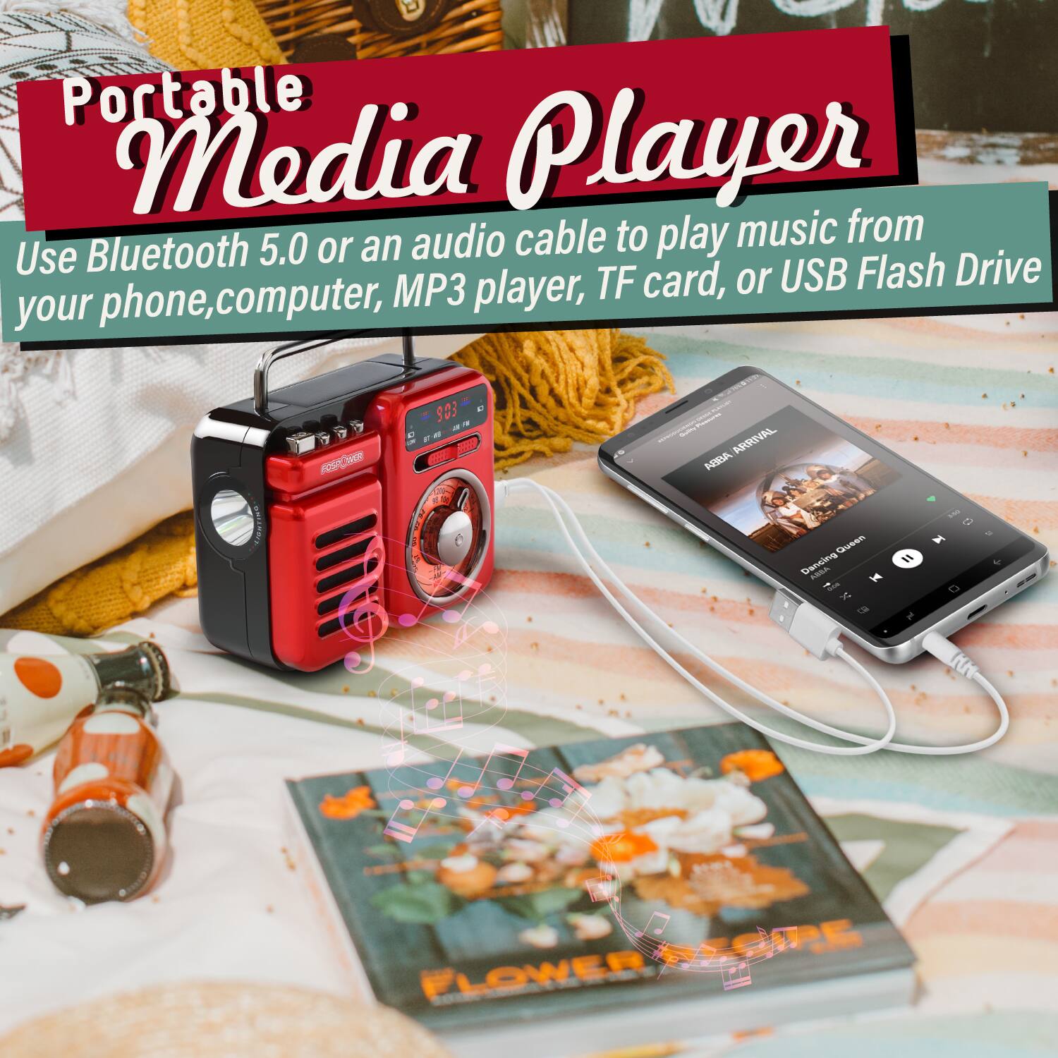 Portable Media Player
Use Bluetooth 5.0 or an audio cable to play music from your phone, computer, MP3 player, TF card, or USB Flash Drive