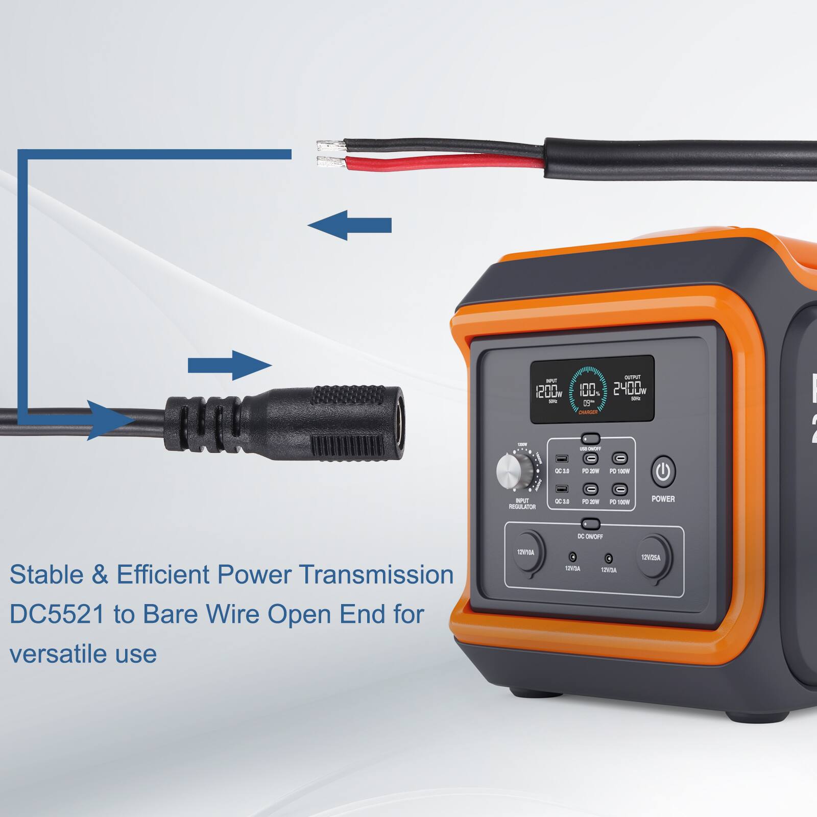 - UUCI CULW
- N n 2400w
- C IULR
- 9 candes
- I : 18 a
- E - S - 1
- 1 POWER x ONCPP
- Stable & Efficient Power Transmission DC5521 to Bare Wire Open End for versatile use
- TN - NVSA SVONA