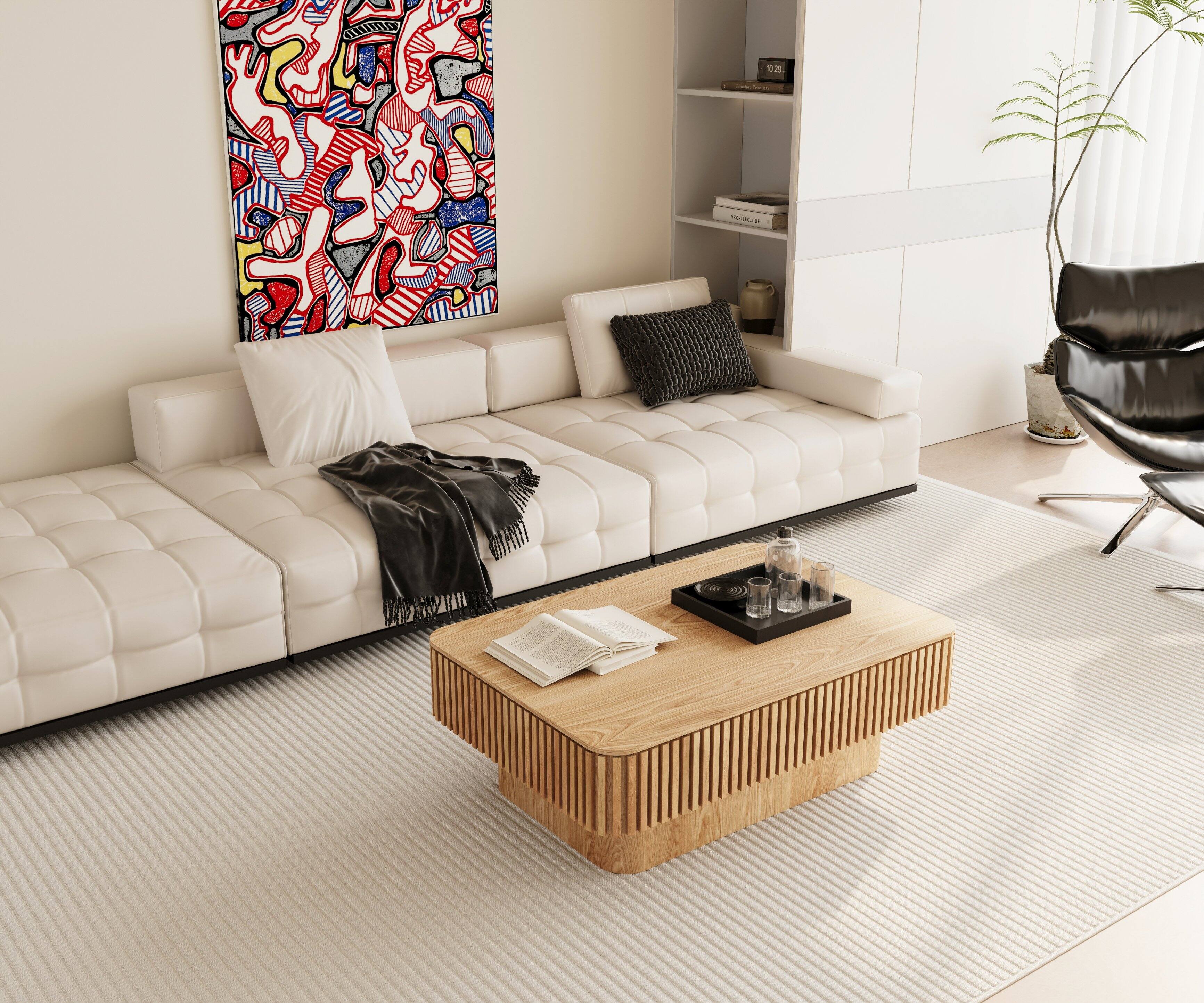 Back. Loheer - Loheer Fluted Lift Top Coffee Table Solid Wood Veneer Adjustable Height Tea Table with Hidden Storage Natural Wood - Natural Wood.