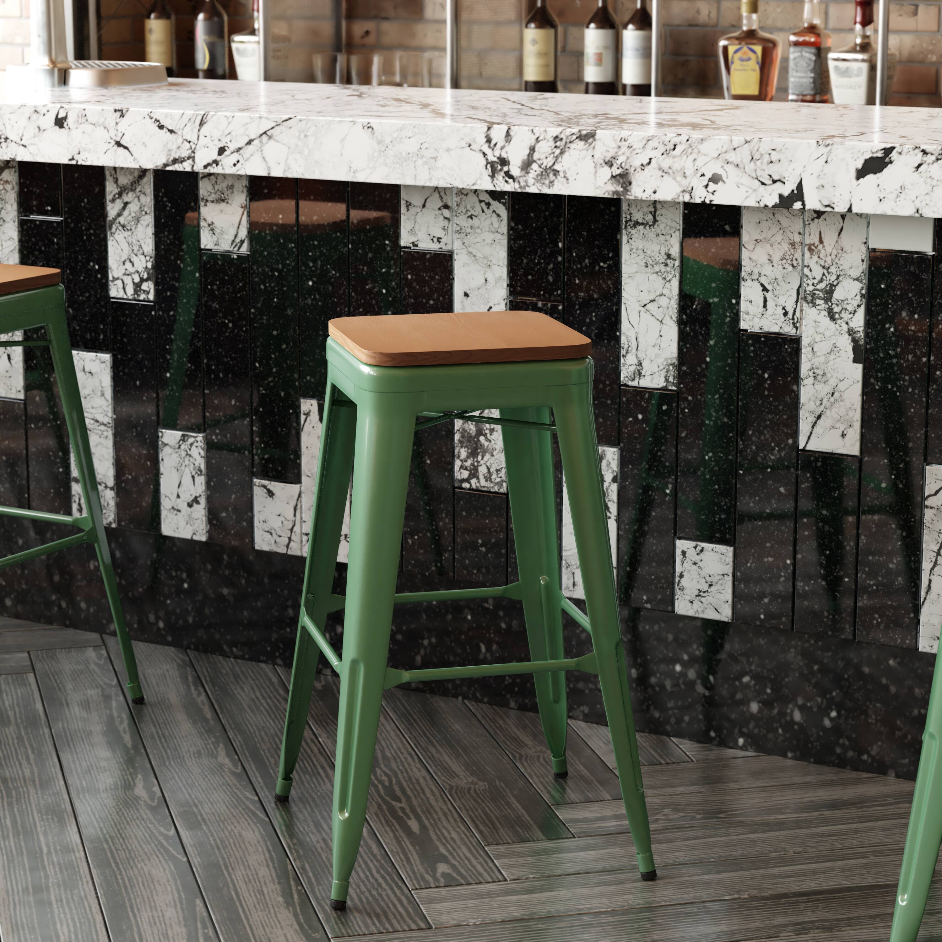 Alt View 4. Emma + Oliver - Kam Backless Metal Indoor-Outdoor Stool with All-Weather Polystyrene Seat - Teak Seat/Green Frame.