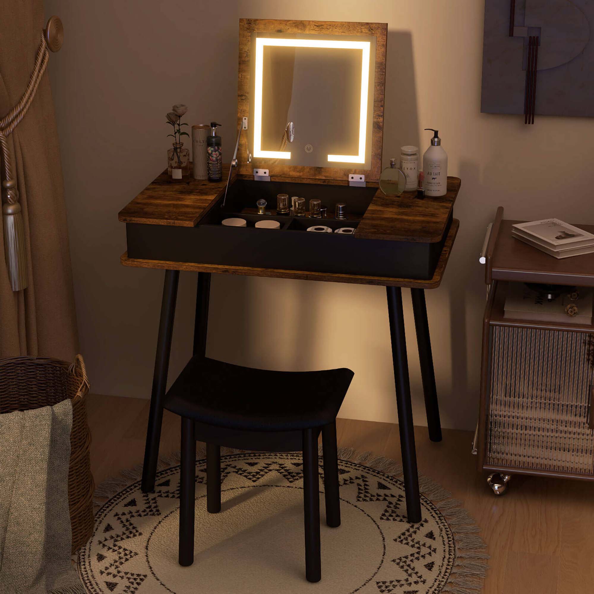 Alt View 1. Costway - Costway Vanity Table Set w/ Flip Top Mirror Lights USB Port Cushioned Stool Writing Desk - Brown.